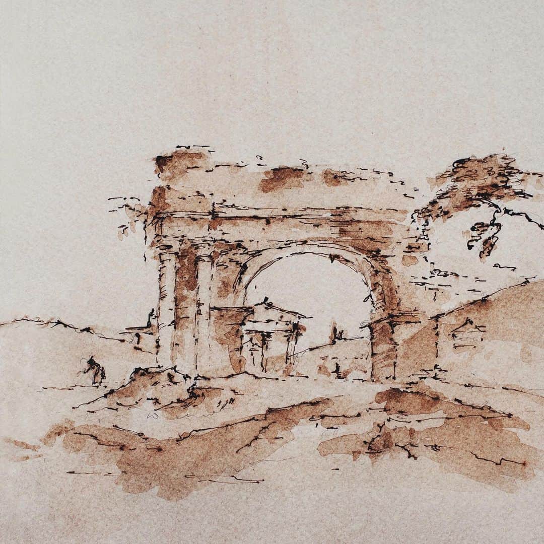 PSNYのインスタグラム：「A little study after Francesco Guardi, ink and watercolor on toned paper #mastercopy」