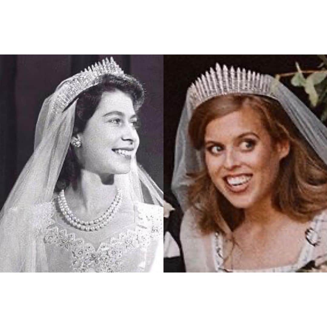 I Love Fashionのインスタグラム：「Princess Beatrice Wore Queen Elizabeth's Wedding Day Tiara 💗 The Queen Mary diamond fringe tiara from year 1919 الاميره بياتريس لبست تاج جدتها في عرسها 💗 #theroyalwedding」