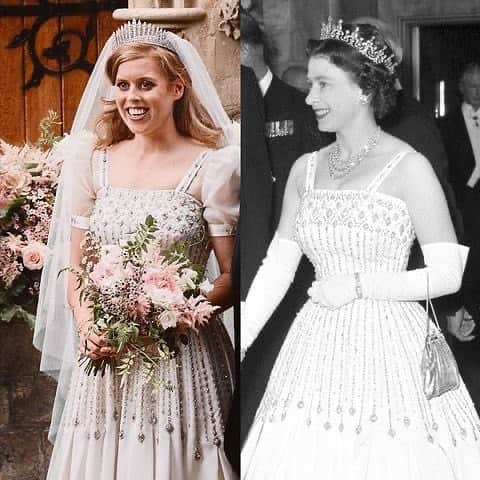 I Love Fashionのインスタグラム：「Princess Beatrice wearing one of the Queen’s dresses at her “secret” wedding الاميره بياتريس لابسه بدلة من بدلات جدتها الملكه .. طبعاً هذي مو بدلة عرس الملكه، إلبستها لأكثر من مناسبه #theroyalwedding」