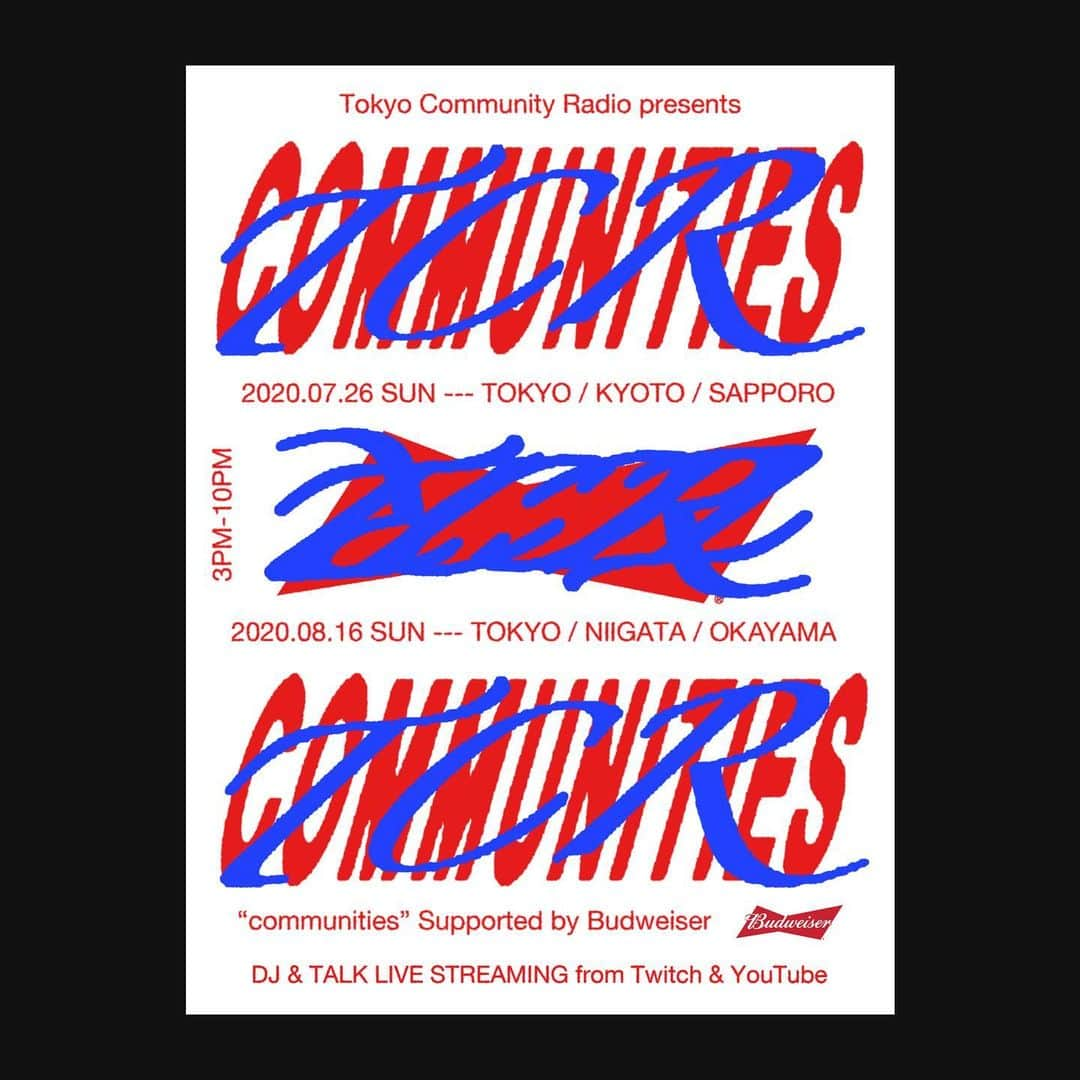 Licaxxxさんのインスタグラム写真 - (LicaxxxInstagram)「Tokyo Community Radio Presents “communities” supported by Budweiser @tokyocommunityradio   Budweiserのサポートで、オンラインラジオ局TCRは日本の各都市のクラブコミュニティをつなぐ配信プログラムをやります。各都市のDJ+VJによるプレイは勿論、DJたちが会話する裏トークも同時配信。DJ配信だけでも、 DJの話を聞きながらでも楽しめて、フェスともクラブイベントとも違う、音楽を媒介に集うオンラインコミュニケーションプログラムです。DJはtwitchで、我々のトークはYouTubeで楽しめるので、2ブラウザ開いてお楽しみください！！(トークも日本各地より色んな人が登場します🍻)  第1回目に繋ぐ都市は京都・札幌・東京。それぞれこだわりのロケーションで撮影、作家により映像が編集されています。トークは生で、収録した映像を見ながら演者が各々の場所から裏話を繰り広げます。配信は無料！参加してくれた箱の支援もできますので、この機会にオンラインで日本中の音楽を楽しみましょう。  26th July Sunday 15:00～22:00 15:00 京都 17:00 札幌 19:00 東京  東京： @liquidroom_ebisu  Licaxxx @licaxxx1  Mars89 @_mars89  Romy Mats(解体新書) @romy_mats_bara  VJ Camel @akio.n_camel   京都： @metro_kyoto  Stones Taro @stonestaro  Pee.J Anderson @pee.j.anderson  VJ: osirasekita @osirasekita   札幌： @provo_sapporo  KITONOA  OSSO @takuro_osso」7月19日 19時15分 - licaxxx1