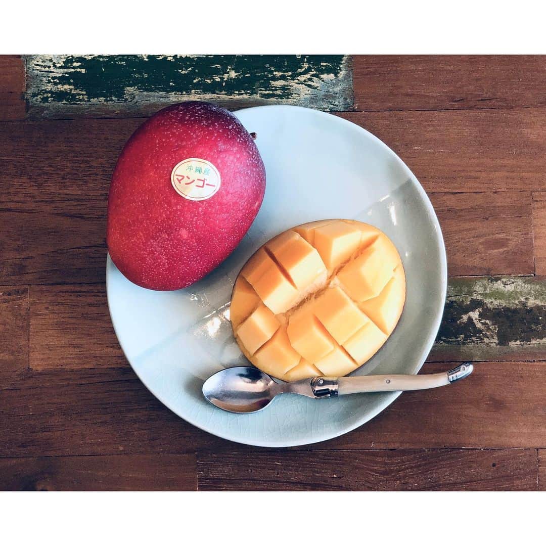 太田彩乃のインスタグラム：「沖縄から届いたマンゴー🥭 久しぶりの晴れ間に嬉しいフルーツ。 お皿は色合いがお気に入りの #anthropologie . . #Myanthropologie #アンソロポロジーのお皿 #マンゴー #anthropologie @anthropologie  @anthroliving」