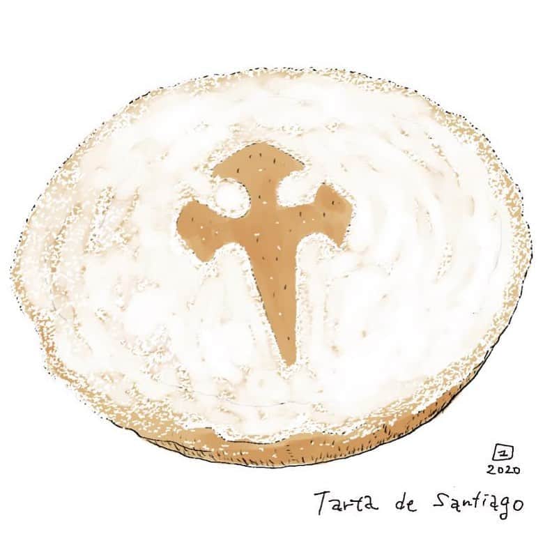 カワハラユキコのインスタグラム：「【タルタ・デ・サンティアゴ /Galician almond tart】 🇪🇸 前にストーリーに制作途中載せた、スペインごはん本のおみやげ紹介ページより。ガリシアのアーモンドタルト。 🇪🇸 Famous Galician tart.  Almond and the cross! 🇪🇸 #スペイン  #ガリシア #スペイン料理  #タルタデサンティアゴ  #スペイン旅行  #スペイン語  #食べ物イラスト  #食いしん坊 #ケーキ #アーモンドタルト #タルト #spain  #galicia #tartadesantiago  #foodie」