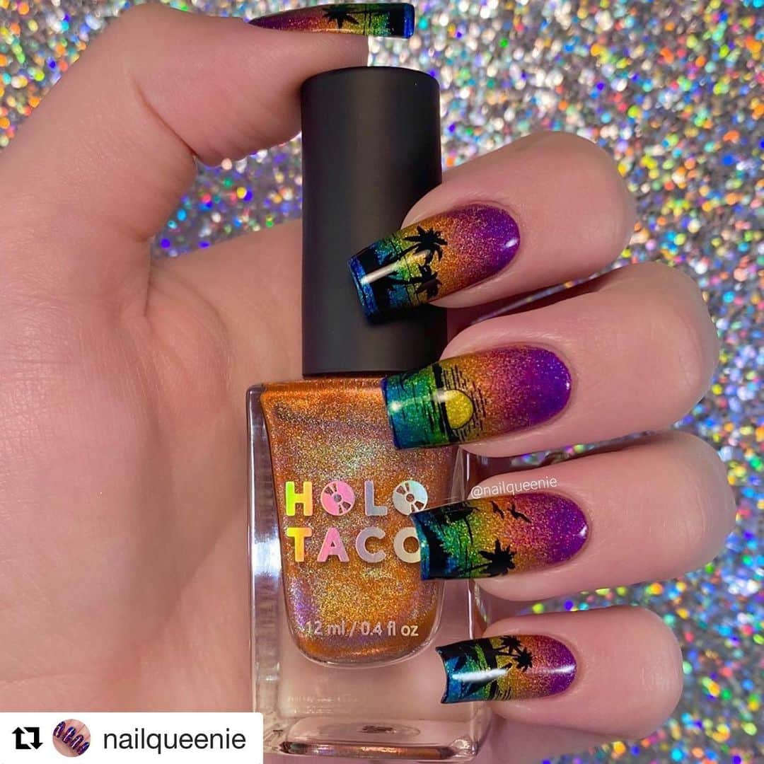 Nail Designsさんのインスタグラム写真 - (Nail DesignsInstagram)「Credit: @nailqueenie  ・・・ Tropical nail art using the new rainbow Holo Taco collection by @simplynailogical!! 🌴💜🧡💛💙 - •Products Used• @orly “Rubberized Basecoat” @holotaco “Orange Drink”, “Lemon Sucker”, “Blue Freezie”, “Purple Slushie” and “Magenta Jelly” @hellomaniology “Straight Up Black” and “Smudge Free Top Coat”  Maniology x @alice.claire.nails Stamping Plate M035 @sechenails “Seche Vive” @twinkled_t Clean Up Brushes - #orly #holotaco #maniology #instanails #cutenails #nails #nailart #naildesigns #holotaconailart #linearholo #holosexual #holonails #holographicnails #holorainbow #simplynotlogical #rainbownails #stampingnailart #nailstamping #glamnailschallengejuly #tropicalnails #tropicalnailart #gradientnails #gradientnailart #nailpolish #nailsofinstagram #nailstagram #holographic #ombrenails #ombrenailart」7月19日 21時52分 - nailartfeature