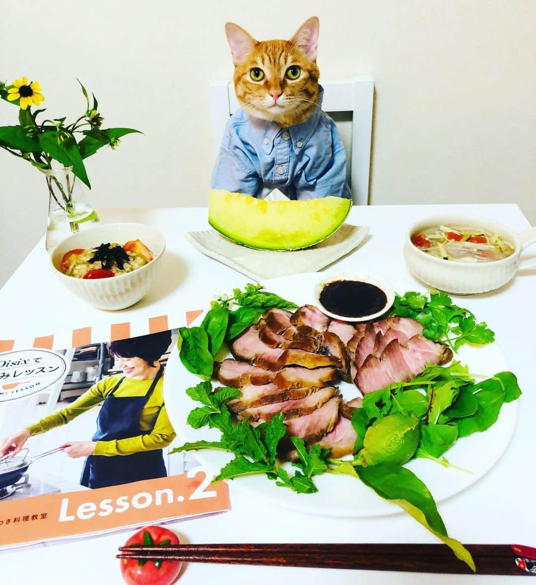 マロさんのインスタグラム写真 - (マロInstagram)「今日の夜ごはんは、＠oisix さんの『Oisixではるみレッスン』の " フライパンチャーシュー　"🍳 簡単に本格的で美味しいチャーシューが作れたニャン😸👨‍🍳 ✴︎ ・フライパンチャーシュー(Oisix) 【Char-siu pork(grilled Pork )】 ・オクラとトマトのとろろ和え 【Okra and tomato with pounded yam 】 ・夏野菜のサンラータン 【Hot and sour soup with summer vegetables】 ・メロン 【melon】 ✴︎ いつもコメントありがとうございます😸🙏💕 返信出来なくてすみません🙇‍♀️ 全て拝見しています🐾 ✴︎ Thank you for your kind comments😸🙏💕 I'm sorry that I couldn't reply. ✴︎ #cat#catsofinstagram#😻 #food#chef#ねこ#ねこ部#料理 #kitoisix#kitoisixプレミアムモニター#oisixではるみレッスン #栗原はるみ」7月19日 22時05分 - rinne172