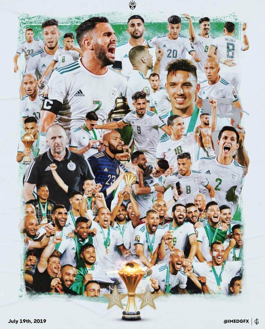 のインスタグラム：「HISTORY 💚🇩🇿 Ou mazal el kheir el gouddam 🔥🔥🔥 #AfricanChampion #LaCoupeDuMondeDAfrique #TeamDz #Algeria   @magteam_  @brahimiofficiel @riyadmahrez26.7 @sffeghouli @djamelbenlamri  @ounas_ten @belaili_youcef_ @mehdi_tahrat5 @remi_physiosport @brahim_sportmasseur @mehdi.zeffane.2 @youcefatal @ramy_bens15_21 @bidido6 @azzedine_doukha @aissamandi23 @baghdad_bounjah @brahimiofficiel @oukidja16 @andydelort9 @ramy_bens15_21 @raismbolhiofficiel @islamslimani09 @hichem__bou @bidido6 @smabouabdellah @franckribery7 @djsnake」