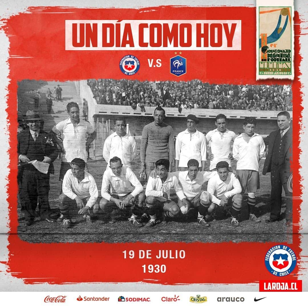 サッカーチリ代表チームさんのインスタグラム写真 - (サッカーチリ代表チームInstagram)「‪🇨🇱 El 19 de julio de 1930, #LaRoja venció a #Francia por 1️⃣ - 0️⃣ y obtuvo su segundo triunfo en el Mundial de Uruguay 🏆🇺🇾  ⚽️ Guillermo Subiabre marcó el único tanto del partido   👏 Fue la primera victoria ante una selección de Europa   ‪#SeleccionChilena #Chile #FutbolChileno ‬」7月20日 1時58分 - laroja