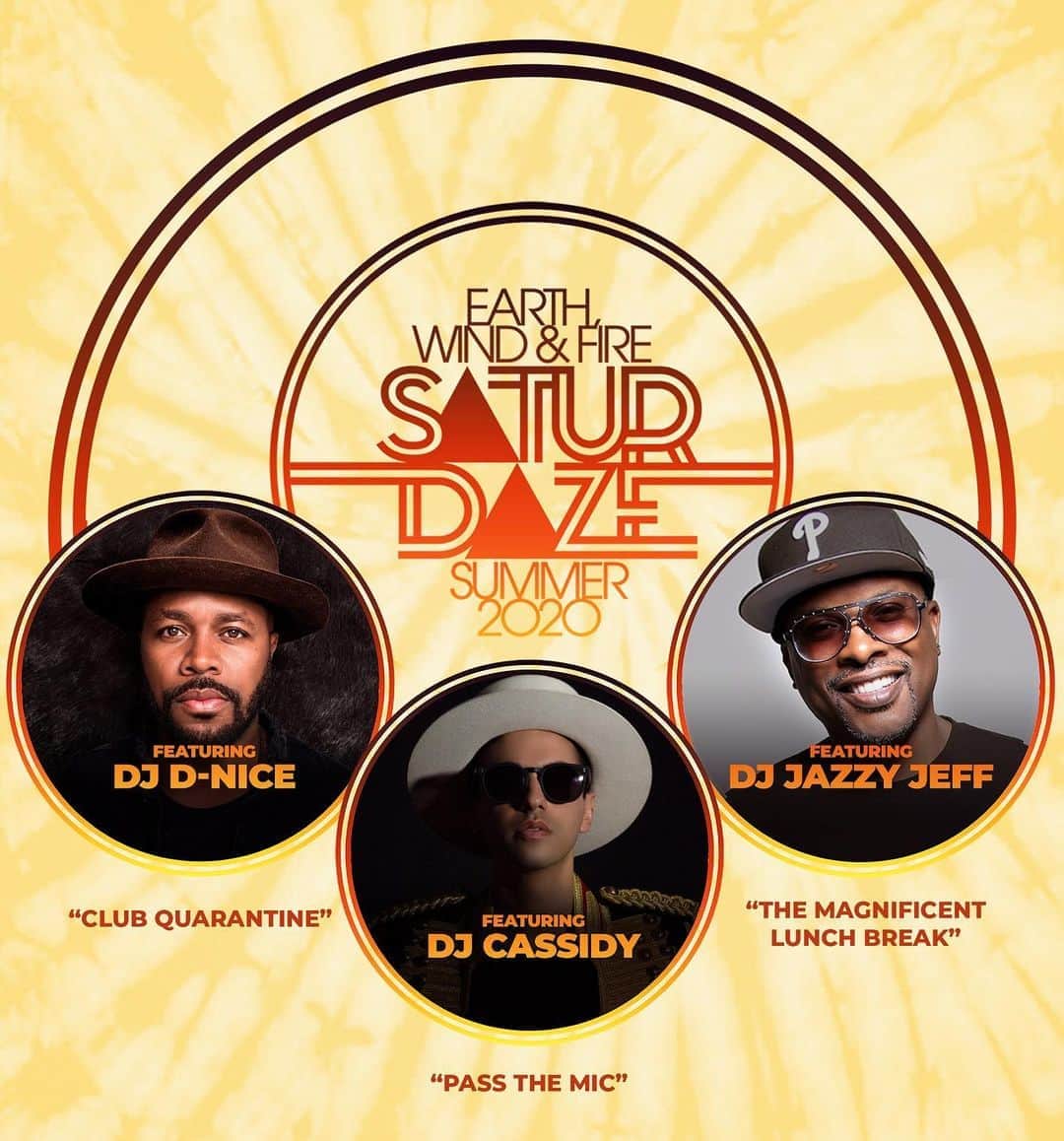アース・ウィンド・アンド・ファイアーのインスタグラム：「DJ’s are saving the world right now, by bringing people together to listen to good music. We chose these 3 DJ’s for #SATURDAZE🌅 because each week they live stream musical experiences that we know you’ll love. Follow @DNice for “Club Quarantine”, @djcassidy for “Pass The Mic”, and @djjazzyjeff for “The Magnificent Lunch Break and Pool Party”. These vibes have been helping us get through this unprecedented time. So a huge Thank You to each of them for sharing a Saturday with us. We’ll never forget these days with you all in the midst of 2020 🙏🏿. Keep that love in your hearts and be good to one another. Mask up and stay safe. Eternal Love from the Earth, Wind & Fire Family.  💛💛💛」