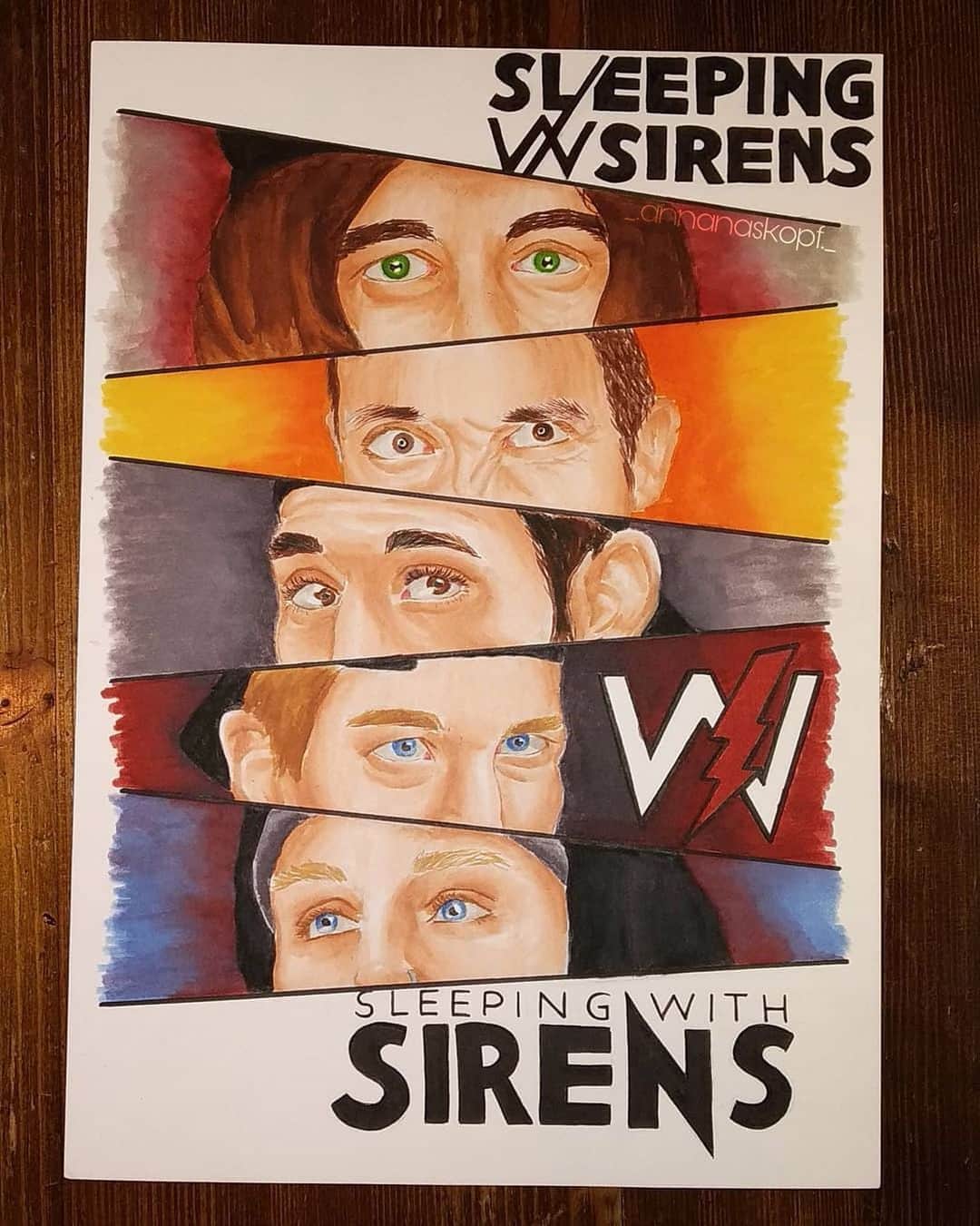 ニック・マーティンのインスタグラム：「Much love @_.annanaskopf._ for making this awesome art! Miss all of you. Miss the band. And we’ve got something to share with you all VERY SOON.. 😬🤘🏽 #sleepingwithsirens #sws #fanart」