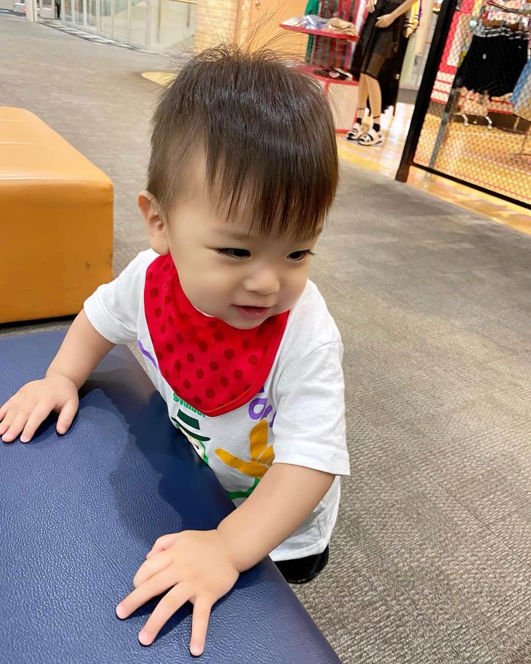 Momoeのインスタグラム：「.  . イオンでニヤニヤ嬉しそ〜〜〜に 歩いてた時の写真♡ まだ歩きたてで歩くのが 楽しくて楽しくて仕方なくて 手で舵切りながら歩いてたのꪔ̤̮ 可愛かったなぁ♡ . . #happy #家事 #育児 #family #家族 #boy #smile #男の子 #息子 #code #love #lucky #kids #子供 #thankyou #宝物 #ベビー #fashion #follow #心 #縁 #パパ #ママ #家族写真 #男の子ママ #赤ちゃん写真 #photo #子育て #1歳 #flower」