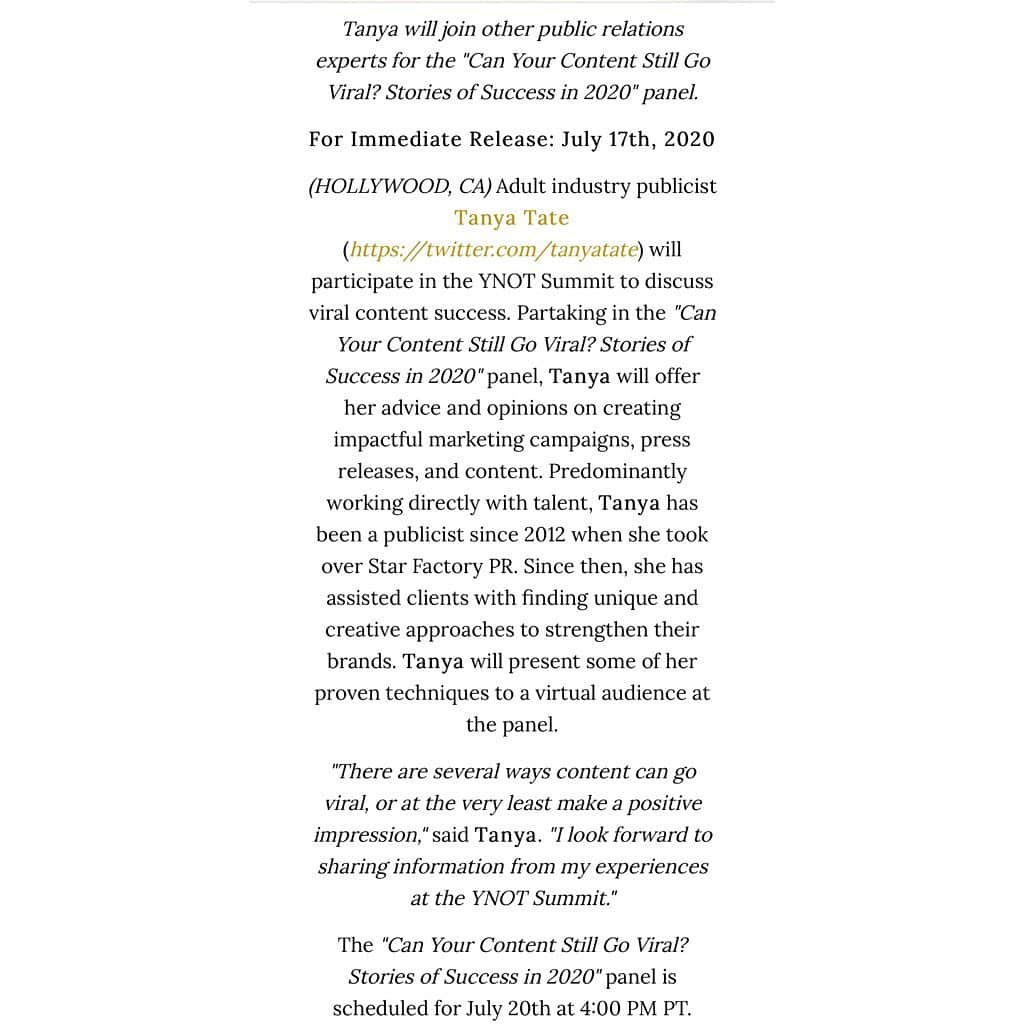 ターニャ・テイトさんのインスタグラム写真 - (ターニャ・テイトInstagram)「Monday I will be speaking on online YNOT summit at 4pm Los Angeles time about viral content. Will you be joining me? Get more info via starfactorypr com/tanya-tate @starfactorypr @officialynot」7月20日 13時04分 - tanyatate