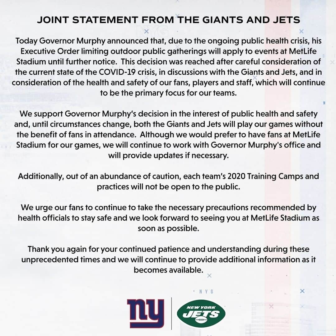New York Giantsさんのインスタグラム写真 - (New York GiantsInstagram)「Joint Statement from the Giants and Jets」7月21日 3時31分 - nygiants