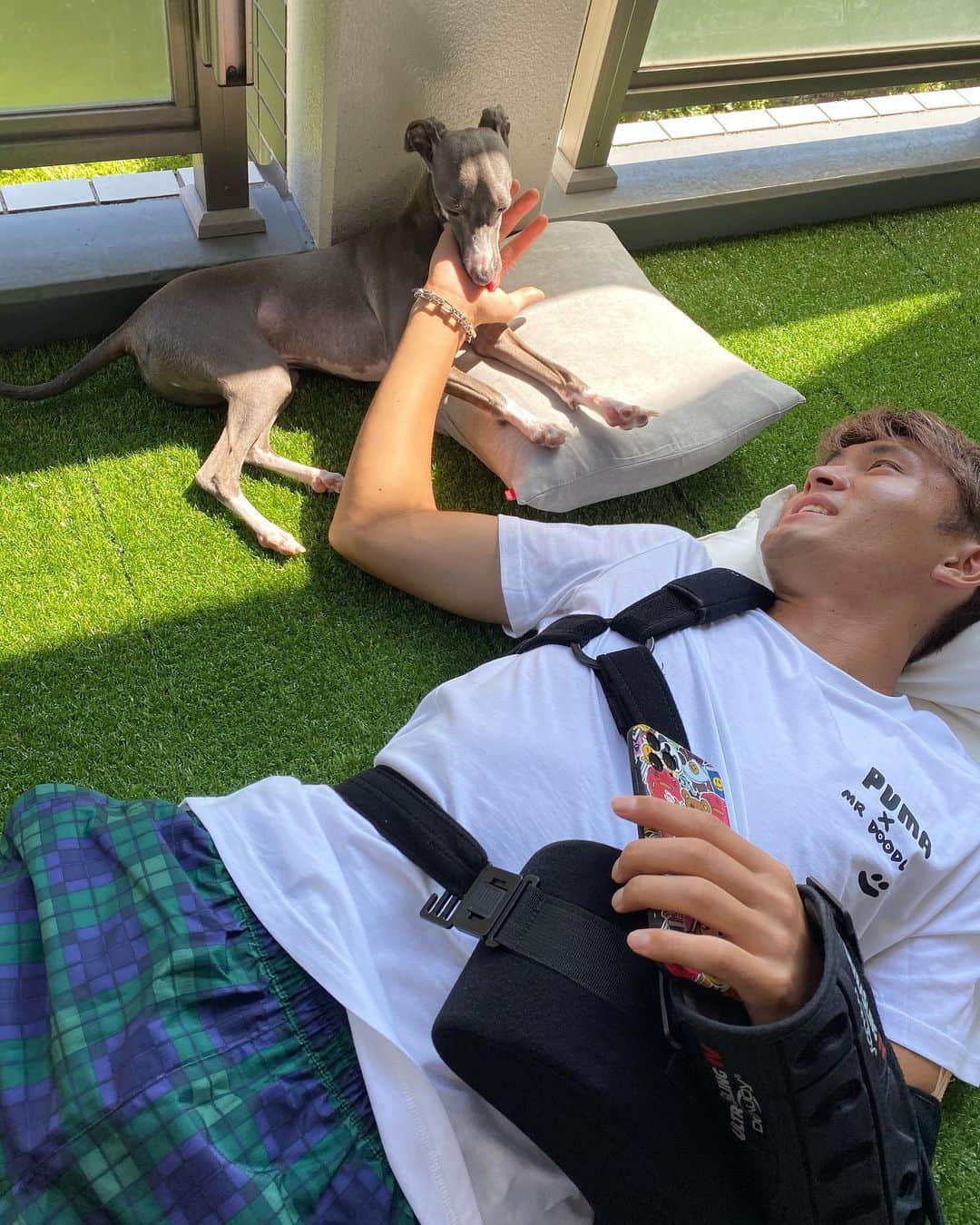 田川亨介のインスタグラム：「イッヌと昼寝💤 𓃡 長いなこの犬…  #イタリアングレーハウンド  #僕は元気です #頑張って治します」