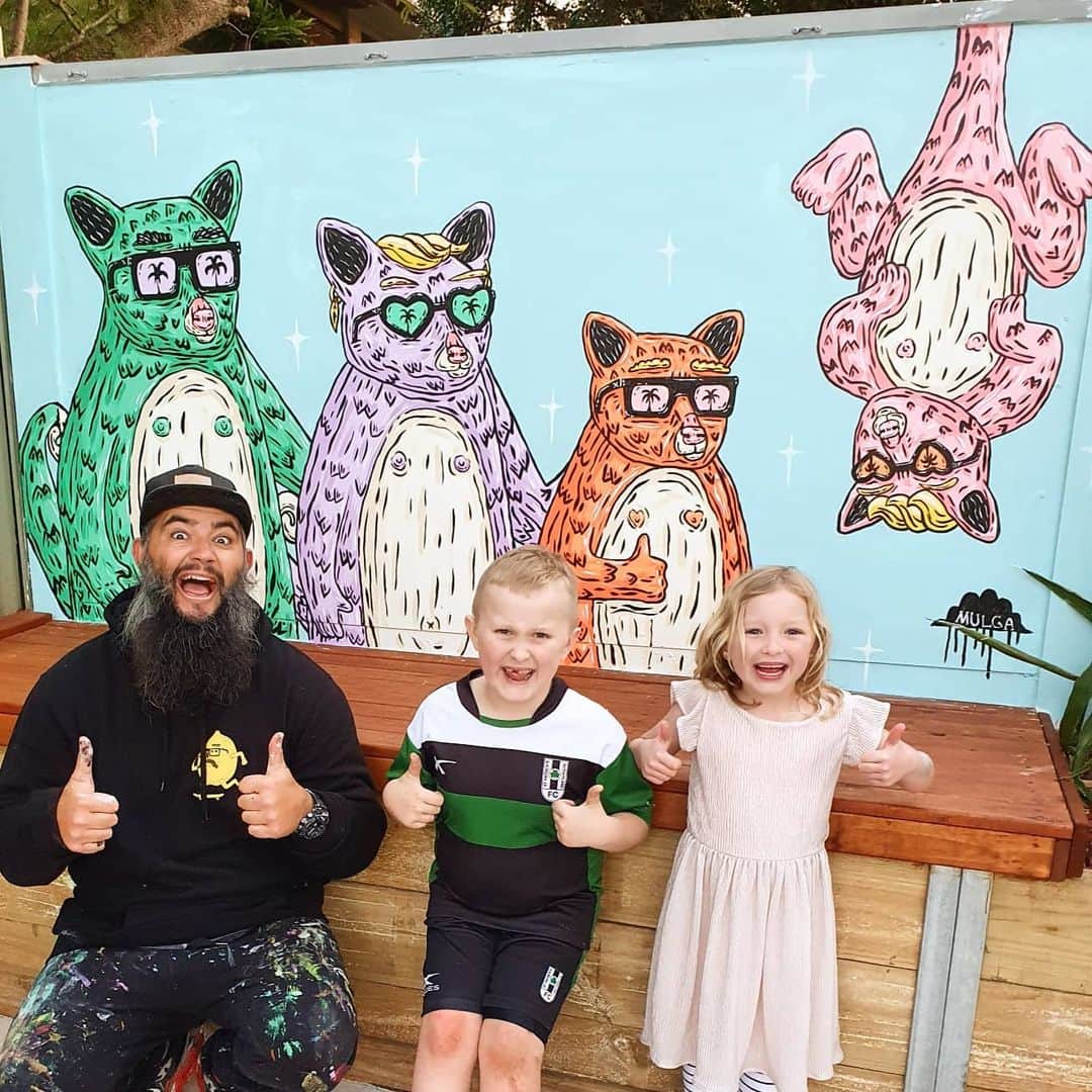 MULGAさんのインスタグラム写真 - (MULGAInstagram)「Introducing The Possum Fam mural in Lochie and Lucy's backyard.⁣ ⁣ I painted live during Lochies belated 8th birthday party, my first live art performance at a birthday party. What a cool fam.⁣ ⁣ Big thanks to @tint.paint for the paint 🎨. ⁣ ⁣ The story of the Possum Fam⁣ ⁣ Once there was a possum fam and they lived in a big tree house in the big gum tree in the backyard. Lochie the possum son was always building unauthorised additions to the tree house and so far the tree house was up to 18 and a half rooms. Lucy the Possum daughter was good at hanging around and doing heaps good gymnastics manoeuvres like flipping and double pikes and stuff like that. Every Friday night they would have a BBQ and invite all the other possum fams in the neighbourhood over for a delicious meal and games night.⁣ ⁣ The End⁣ ⁣ #mulgatheartist #possumfam #possum #possumart #australianart #muralart #sydneyartist #australianartist⁣」7月20日 20時11分 - mulgatheartist