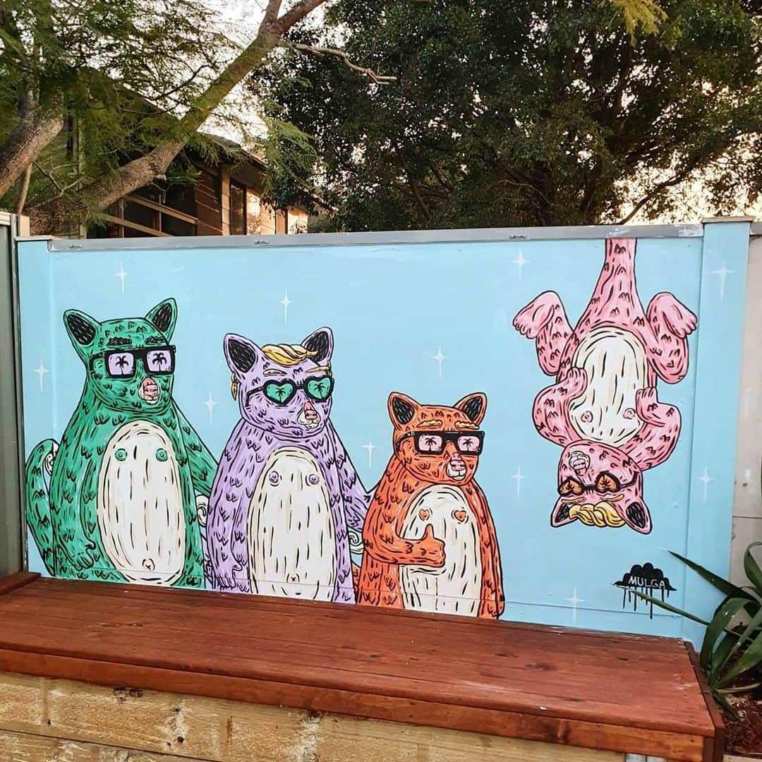 MULGAさんのインスタグラム写真 - (MULGAInstagram)「Introducing The Possum Fam mural in Lochie and Lucy's backyard.⁣ ⁣ I painted live during Lochies belated 8th birthday party, my first live art performance at a birthday party. What a cool fam.⁣ ⁣ Big thanks to @tint.paint for the paint 🎨. ⁣ ⁣ The story of the Possum Fam⁣ ⁣ Once there was a possum fam and they lived in a big tree house in the big gum tree in the backyard. Lochie the possum son was always building unauthorised additions to the tree house and so far the tree house was up to 18 and a half rooms. Lucy the Possum daughter was good at hanging around and doing heaps good gymnastics manoeuvres like flipping and double pikes and stuff like that. Every Friday night they would have a BBQ and invite all the other possum fams in the neighbourhood over for a delicious meal and games night.⁣ ⁣ The End⁣ ⁣ #mulgatheartist #possumfam #possum #possumart #australianart #muralart #sydneyartist #australianartist⁣」7月20日 20時11分 - mulgatheartist