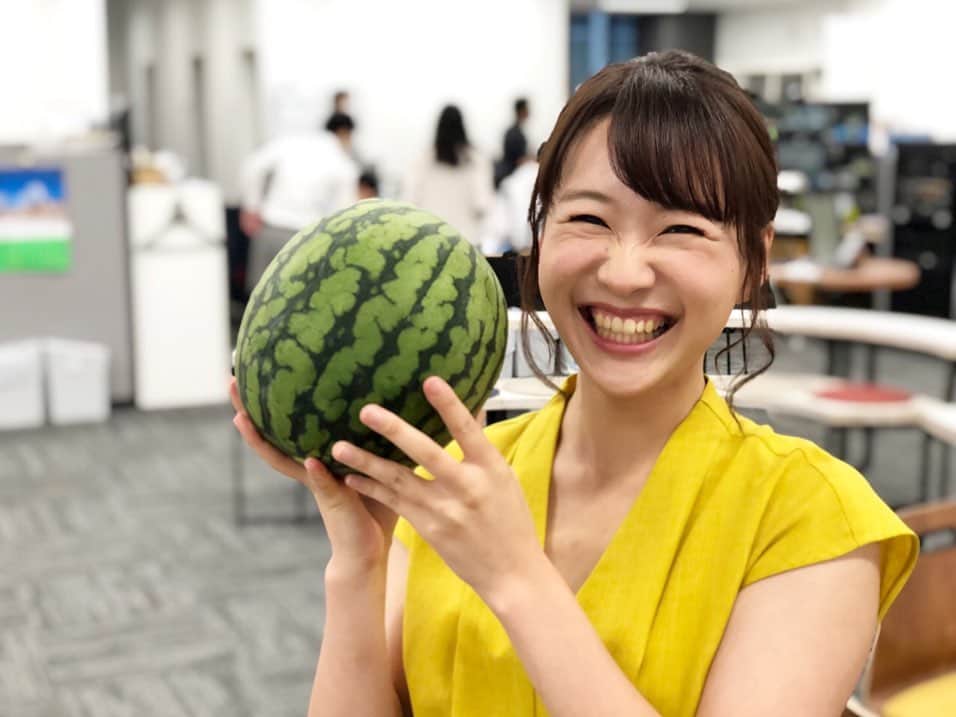 のインスタグラム：「今年も実家からスイカが送られてきました🍉  実は新潟ってスイカの名産地！収穫量は全国5位、消費量は日本一なんだとか。  そんなスイカ県で育ったからか、私も昔からスイカ大好き！好きな食べ物ベスト3に入る！今は朝昼晩飽きずに食べています😋  いよいよ夏本番、、すいかにーず🐶と一緒に体調崩さないように頑張ります！！  #新潟　#小玉すいか　#砂丘すいか #pekingese #広島テレビ　#アナウンサー　#専属カメラマン　#和解しました　#広テレの新垣結衣」
