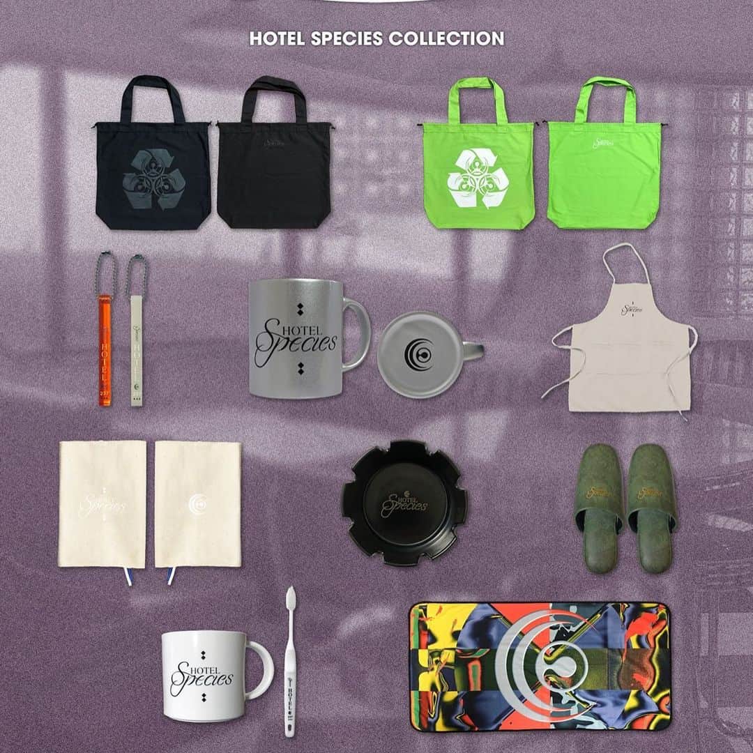 Kenta Koieのインスタグラム：「Hotel Species Collection & Species collection vol.1 OUT NOW!  小物がメインのコレクションは初めてで、俺的な需要がとても高い🤤 架空のホテル ‘Hotel Species’での暗いようで明るい、陰も陽も楽しめるラインナップになってるから見てみてね！」