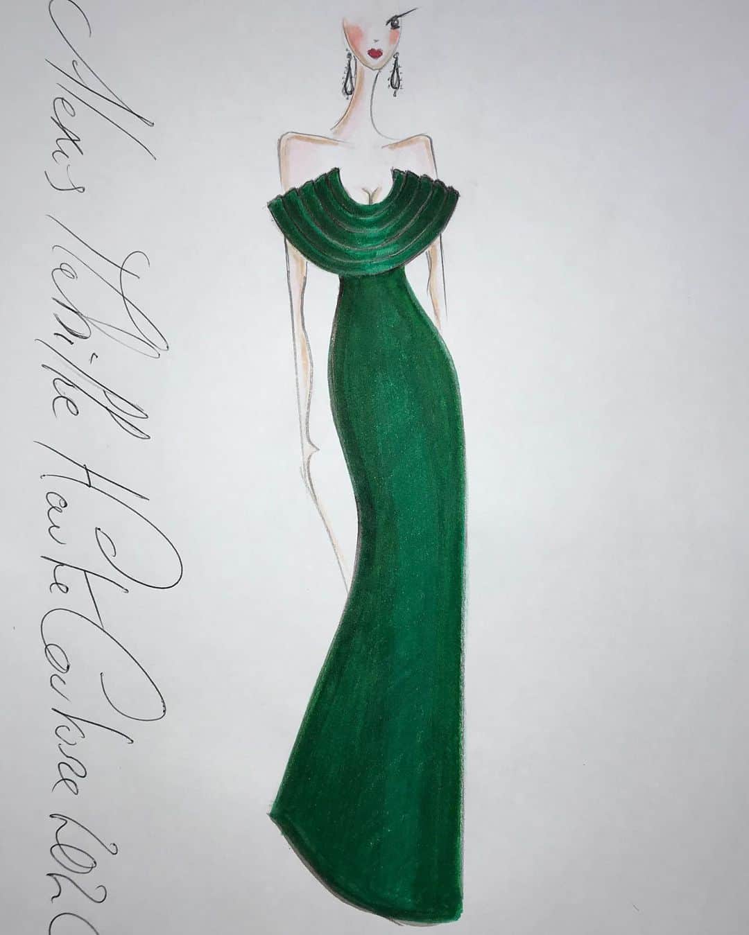 アレクシマビーユのインスタグラム：「Drawing is the beginning of a dress @alexismabille #alexismabille #drawing #sketch #esquisse #dessindemode #fashionsketching #fashion #emerald #green #deaping #drapery #draped #color #sleek #alexismabilledrawing #hautecouture」