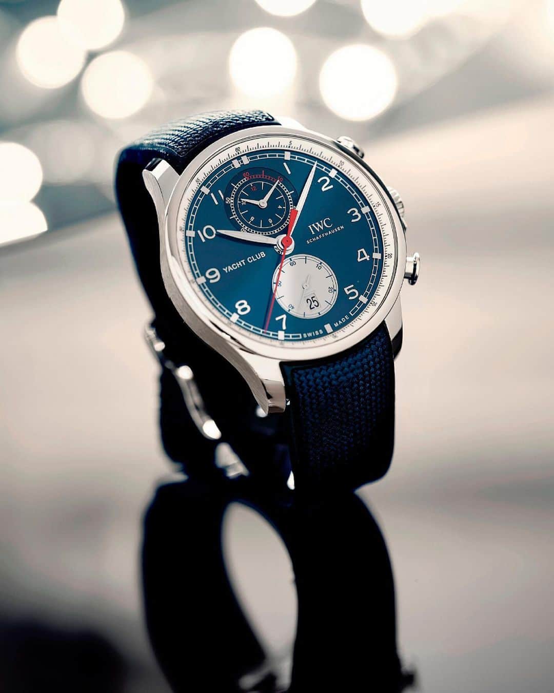 オールバーブラウンのインスタグラム：「To mark our @IWCWatches collaboration, we created a Portugieser Yacht Club Chronograph Edition ‘Orlebar Brown’ watch. 🌟Purchase this exclusive design via IWC stores & the IWC website.  For a sneak peek of the watch up close, visit us at the following store locations 📍> 🏠Westbourne Grove, 🏘East Hampton, 🛥St Tropez,  🌴@Balharbourshops & 🏢@TheDubaiMall.  #OrlebarBrown #IWCxOB #IWCPortugieser #IWCYachtClub #OBsAroundTheWorld」