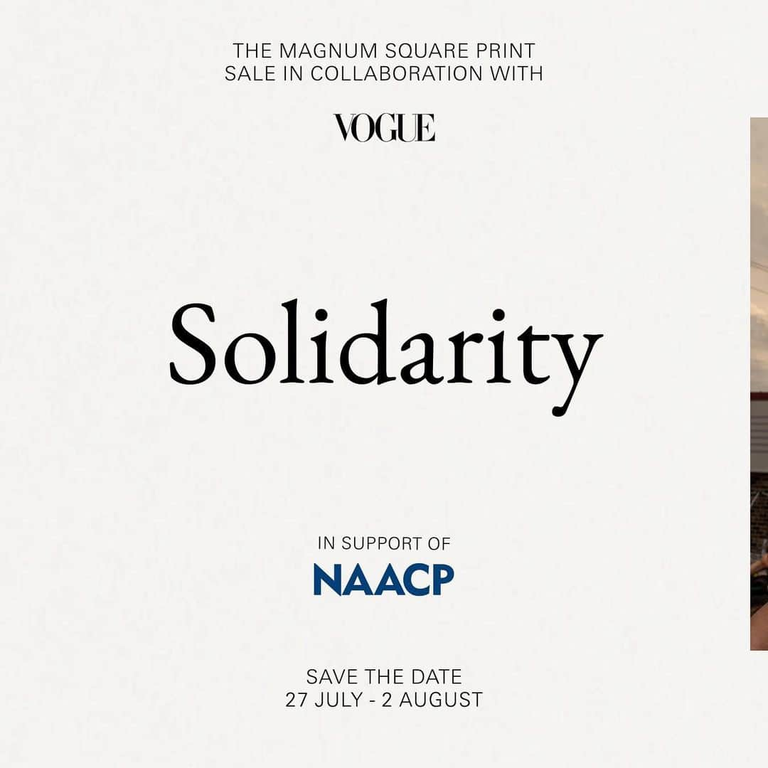 Magnum Photosさんのインスタグラム写真 - (Magnum PhotosInstagram)「Coming soon! SOLIDARITY, the July MAGNUM SQUARE PRINT SALE, in support of @naacp (the National Association for the Advancement of Colored People) and in collaboration with @voguemagazine, will take place from July 27 to August 2.⁠⠀ .⁠⠀ Magnum photographers and Vogue will be donating 50% of their proceeds to the NAACP: the first, longest-running, and largest civil rights organization in the United States.⁠⠀ .⁠⠀ In a year of global societal and political upheavals, this theme challenges participating photographers to reflect upon the power of togetherness in tumultuous times.⁠⠀ .⁠⠀ While acknowledging the daunting divisions and fault-lines running through society, the selection will examine a simultaneous human yearning for commune and connection, aiming to explore the strength of both the individual and collective. The images cover personal paths as well as journeys towards solidarity through loved ones, strangers, or movements.⁠⠀ .⁠⠀ The curation presents over 100 signed or estate-stamped prints by international visual artists, available for just $100 for seven days only.⁠⠀ .⁠⠀ The NAACP’s mission is to secure the political, educational, social, and economic equality of rights in order to eliminate race-based discrimination and ensure the health and well-being of all persons.⁠⠀ .⁠⠀ Save the date!⁠⠀ .⁠⠀ #MAGNUMSQUARE #Solidarity #printsale ⠀」7月21日 0時53分 - magnumphotos