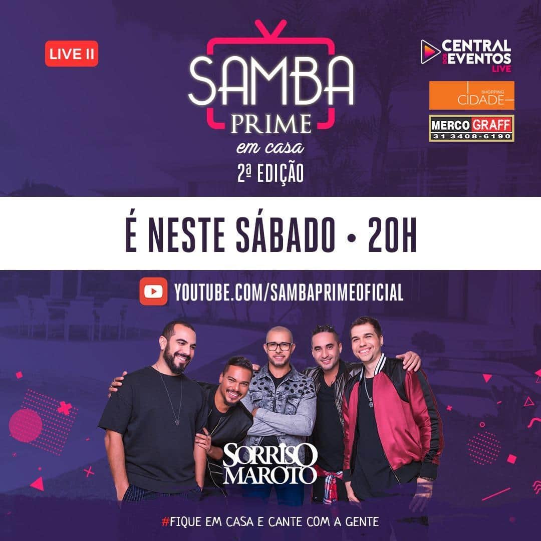 Sorriso Marotoのインスタグラム：「É neste sábado, gente! Vai rolar live do @sambaprimeoficial e a gente espera vocês nessa boa! Avisa todo mundo aí que sabadão tem aquele pagodinho a partir das 20h, hein! 😉 http://youtube.com/sambaprimeoficial #SambaPrime #SorrisoMaroto」