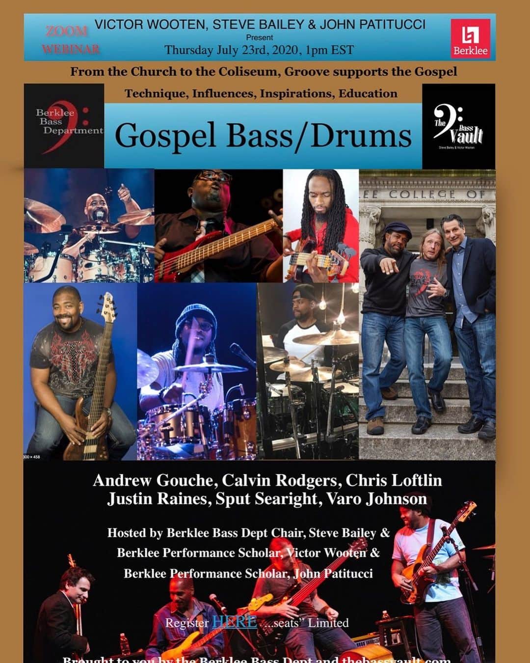 ヴィクター・ウッテンのインスタグラム：「Gospel Rhythm: Bass and Drum Pioneers and Practitioners!  FREE:Thursday July 23rd:Register below  From the Church to the Coliseums, these rhythm apostles have created the soundtrack to much of Contemporary Gospel, as we know it.   Andrew Gouche, Calvin Rodgers, Chris Loftlin Justin Raines, Sput Searight, & Varo Johnson  LOOK OUT for SURPRISE Guests as well!!   What are they up to? What are they practicing? What is their advice to students? What was their path to success? What can we all collaborate on to help get thru COVID? Hosted by Victor Wooten, John Patitucci, and Steve Bailey  You MUST register here for a FREE seat. The link will be sent to you immediately.  https://berklee.zoom.us/webinar/register/WN_6zNuZawJQ6KANlLNOM9Amw」