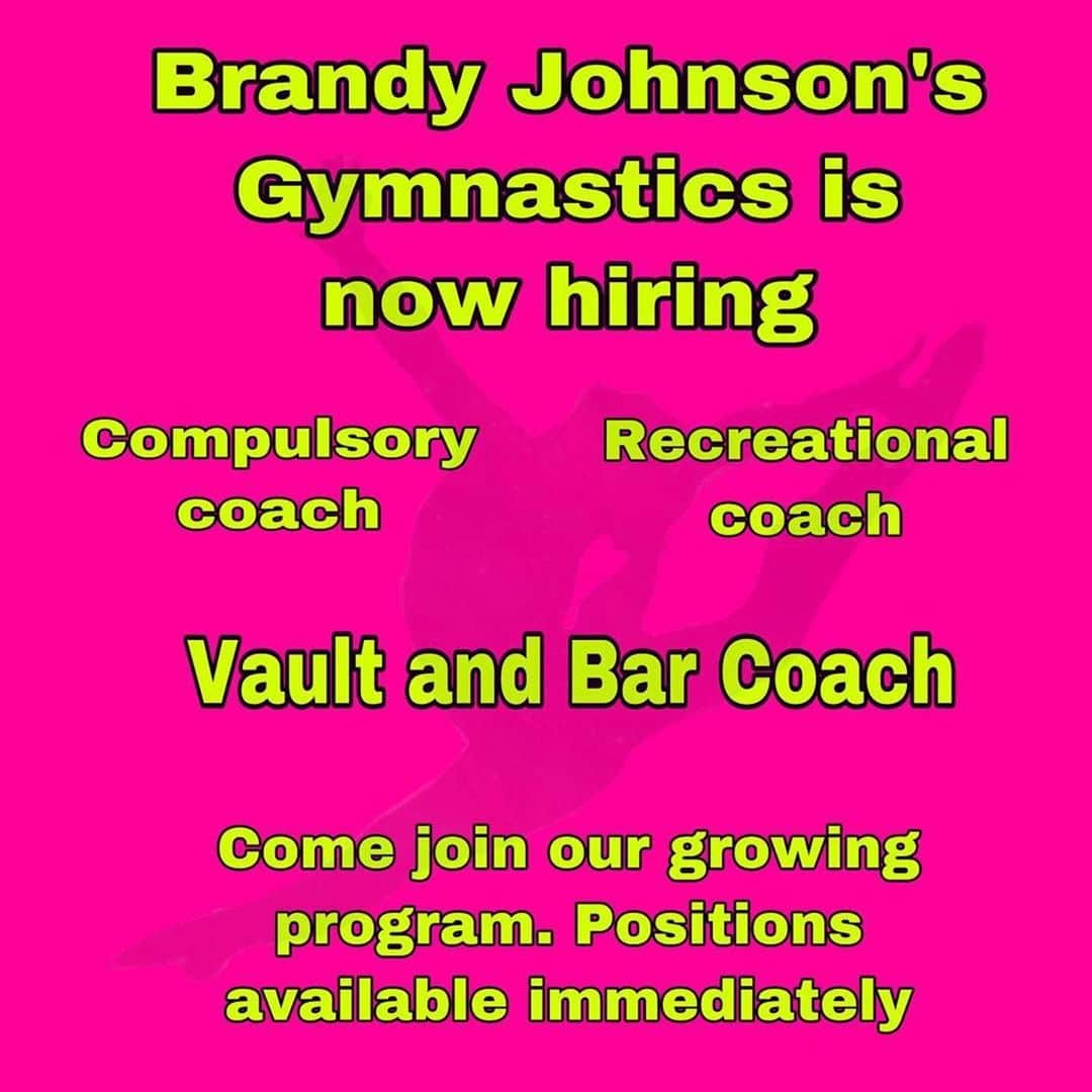 Inside Gymnasticsさんのインスタグラム写真 - (Inside GymnasticsInstagram)「#Repost @brandyjohnsonsgymnastics ・・・ Positions available immediately!  Now hiring a vault and bar coach, compulsory coach and recreational coach.  Please send a message or email kpitzen@gmail.com for more details」7月21日 9時29分 - insidegym