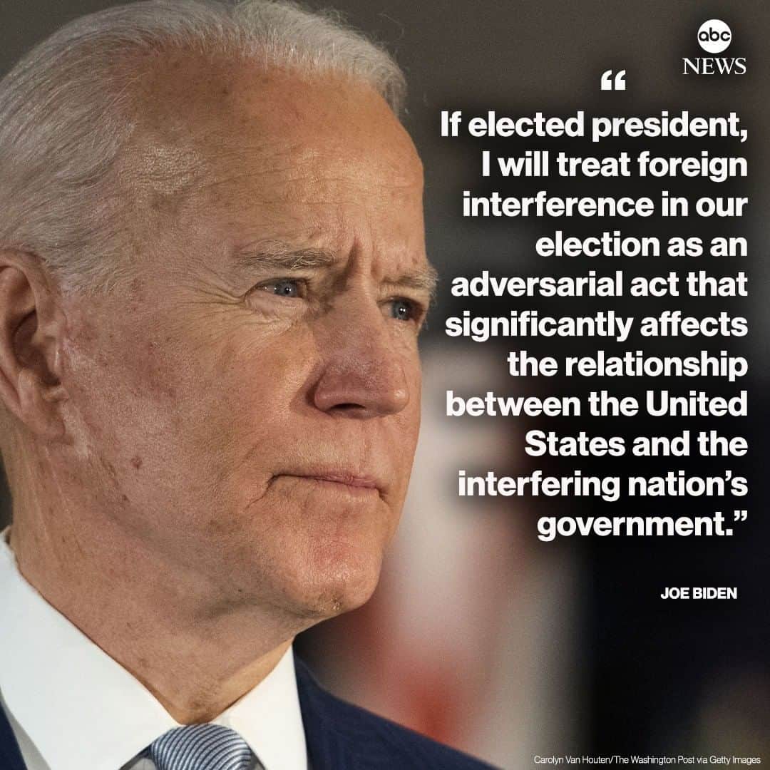 ABC Newsさんのインスタグラム写真 - (ABC NewsInstagram)「In a lengthy statement, Joe Biden issued a stern warning against foreign interference in U.S. elections, singling out Russia and promising swift retaliation against any nation that attempts to meddle in the American democratic process.⁣ ⁣ The presumptive Democratic nominee lambasted the Trump administration for failing to take action to prevent foreign election interference, and said that he is putting the Kremlin and other foreign governments "on notice," as a matchup with President Donald Trump looms just over 100 days away.⁣ ⁣ "If elected president, I will treat foreign interference in our election as an adversarial act that significantly affects the relationship between the United States and the interfering nation's government," Biden wrote.」7月21日 9時32分 - abcnews