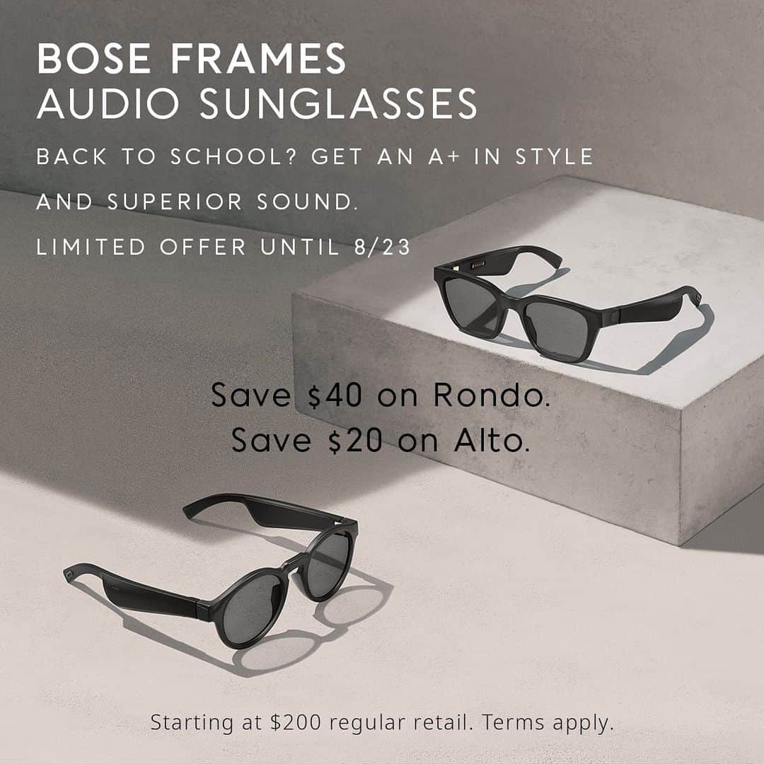 のインスタグラム：「Back to school? Get an A+ in style and superior sound 🕶️🎶 Customize your #BoseFrames with prescription and other lenses. Save $40 on Rondo. Save $20 on Alto. @bose 🔗jins.life/bose」