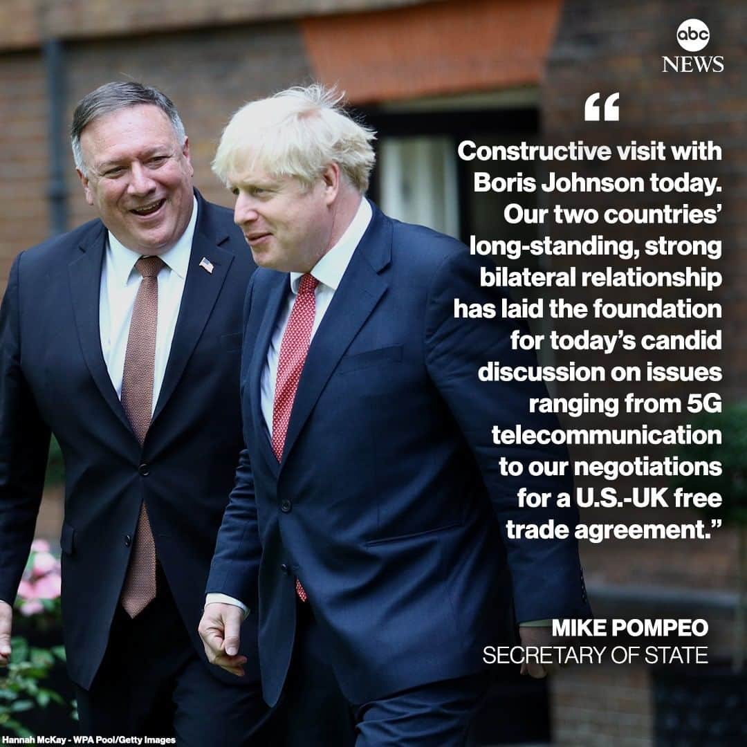 ABC Newsさんのインスタグラム写真 - (ABC NewsInstagram)「Sec. of State Mike Pompeo says visit was "constructive" after meeting with U.K. Prime Minister Boris Johnson.  "Our two countries’ long-standing, strong bilateral relationship has laid the foundation for today’s candid discussion on issues ranging from 5G telecommunication to our negotiations for a U.S.-UK free trade agreement," he tweeted. #mikepompeo #uk #borisjohnson #primeminister」7月21日 21時53分 - abcnews