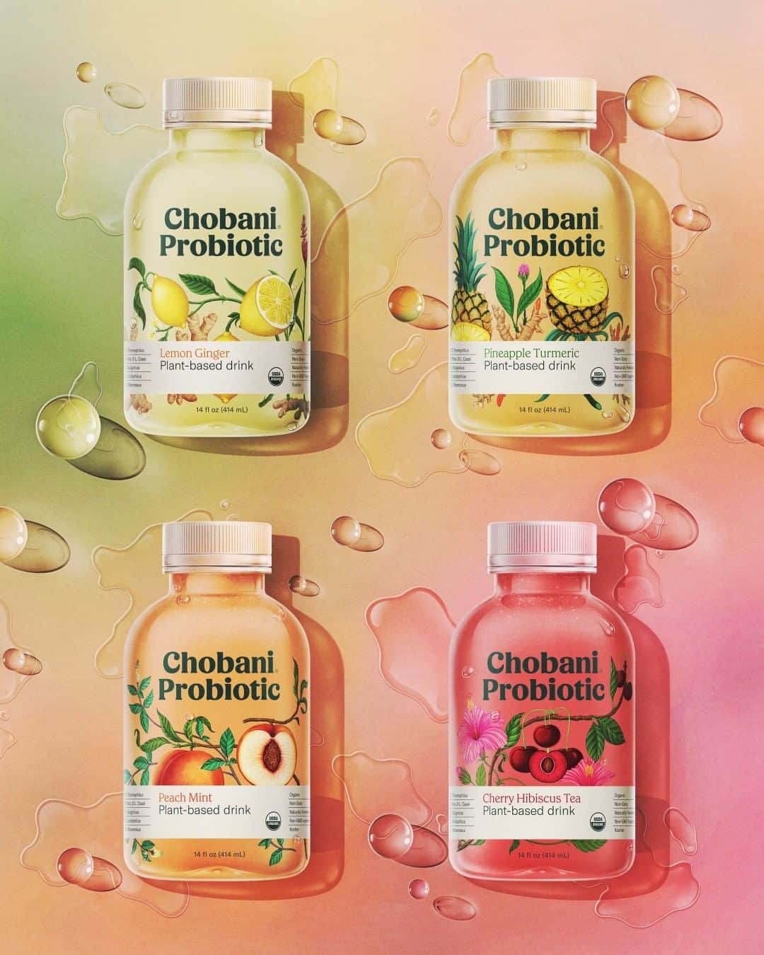 Chobaniのインスタグラム：「Introducing Chobani Probiotic, a new fermented plant-based drink experience crafted from organic fruit juices and botanicals, with probiotics to support immune health. Excited to try? Comment with your favorite fruit 🍒🍍🍑🍋」