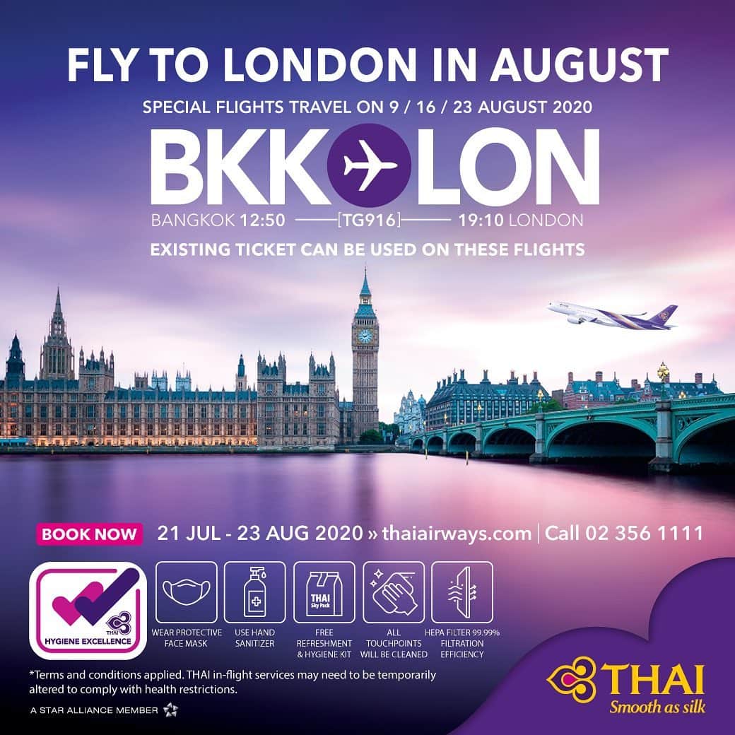 タイ航空さんのインスタグラム写真 - (タイ航空Instagram)「การบินไทยพร้อมพาคุณบินตรงสู่จุดหมาย นครลอนดอน  ด้วยเที่ยวบินพิเศษ 3 เที่ยวบิน ในเดือนสิงหาคม 2563   บัตรโดยสาร กรุงเทพฯ-ลอนดอน (เที่ยวเดียว) ราคาเริ่มต้นที่: ชั้นธุรกิจ 92,085 บาท* ชั้นประหยัด  25,295 บาท* (ราคารวมทุกอย่าง)  สำรองที่นั่ง: ตั้งแต่วันที่ 21 ก.ค. 63 - 23 ส.ค. 63 เดินทาง: วันที่ 9 ส.ค., 16 ส.ค. และ 23 ส.ค. 63  สำรองที่นั่ง: https://bit.ly/39gMYY7  สำหรับ ผู้โดยสารที่มีบัตรโดยสารเส้นทาง กรุงเทพ-ลอนดอน อยู่แล้ว หรือ Travel voucher สามารถสำรองที่นั่งบนเที่ยวบินดังกล่าว ได้ที่ THAI Contact Center 02 356-1111  *เงื่อนไขเป็นไปตามที่บริษัทฯ กำหนด  สำหรับการเดินทางเข้าสหราชอาณาจักร ผู้โดยสารจำเป็นต้องดำเนินการดังนี้   1. เตรียมข้อมูลการเดินทางและรายละเอียดการติดต่อโดยกรอกแบบฟอร์ม Public Health Passenger Locator Form  สามารถกรอกแบบฟอร์ม ได้ที่ www.gov.uk-border-control และจะต้องส่งแบบฟอร์มออนไลน์ ภายใน 48 ชม. ของเวลาที่เครื่องบินถึงสนามบิน ประเทศอังกฤษ และต้องแสดงสำเนาของแบบฟอร์มที่ด่านขาเข้าประเทศ 2. สำหรับผู้โดยสารที่เดินทางออกจากประเทศไทยจะต้องกักตัวเอง 14 วัน ณ ที่พำนักของตน (Self Quarantine) เมื่อเดินทางถึงประเทศอังกฤษทันที  ทั้งนี้ เพื่อให้เป็นไปตามมาตรการการควบคุมโรคติดต่อไวรัสโควิด-19  ท่านต้องสวมใส่หน้ากากอนามัยขณะอยู่ในอาคารสนามบิน และบนเที่ยวบิน และเราได้ปรับรูปแบบการบริการบนเครื่องบินชั่วคราวตามมาตรการความปลอดภัยด้านสุขอนามัย เพื่อให้คุณมั่นใจและอุ่นใจตลอดการเดินทาง」7月21日 15時45分 - thaiairways