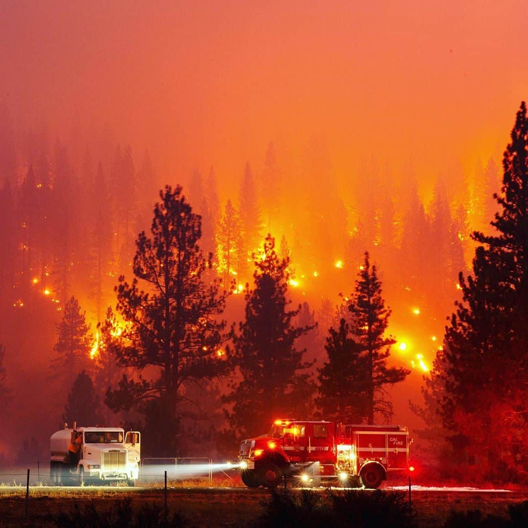 のインスタグラム：「#AFPrepost 📷 @joshedelsonphotography - The #HogFire was extremely erratic for a brief moment when a #pyrocumulonimbus ash plume enabled it to create its own weather - including lightning, thunder, and rain! It rained hard and the #fire raged on creating a #firewhirl as it jumped across highway 36 near #Susanville, CA.」
