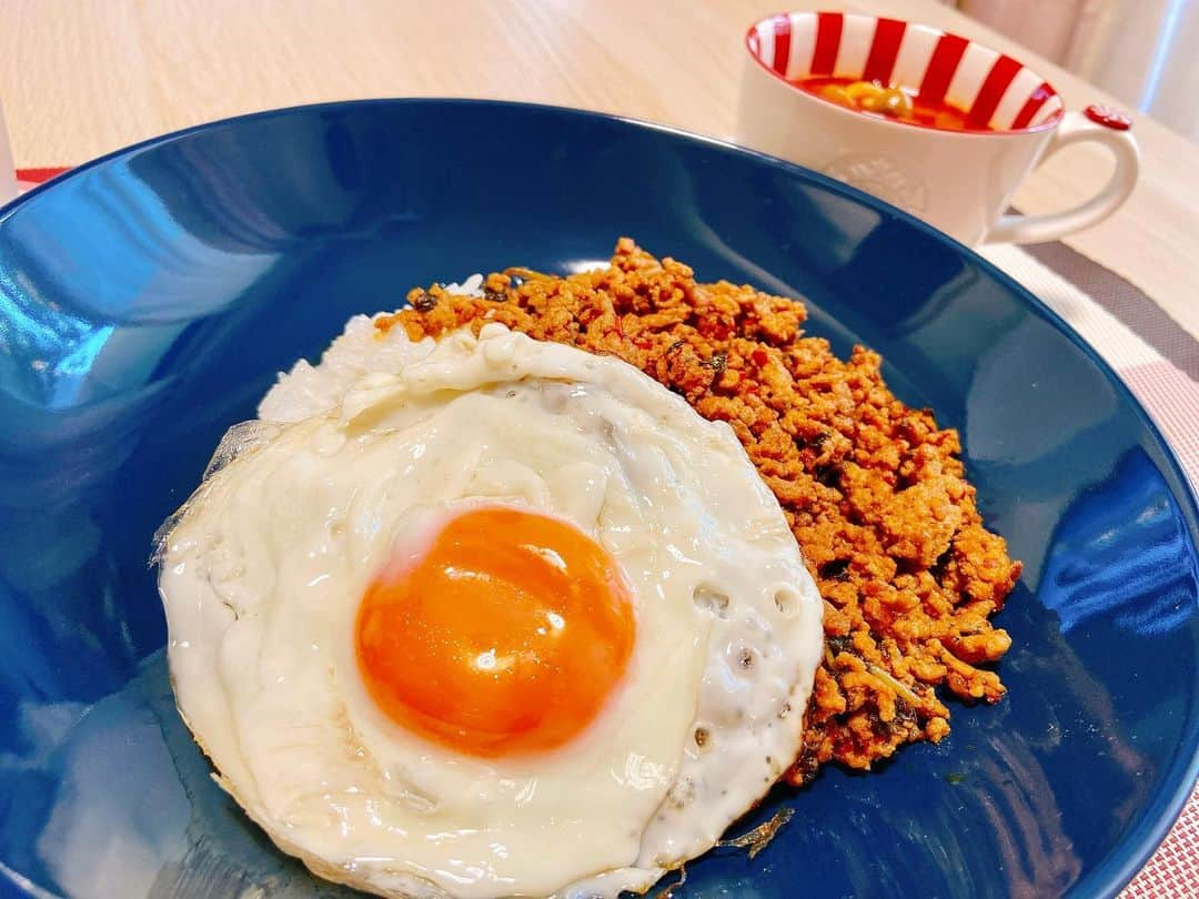 住吉史衣さんのインスタグラム写真 - (住吉史衣Instagram)「. . ある日のごはん😋💕 タイ料理を初めて作りました🇹🇭 レシピを見ながら見様見真似でしたが😂 次回はガパオライスのお野菜もう少し大きく切ろうかな！ 卵は超半熟がすき🍳♡ . .  #ふみえごはん #いつかのごはん  #美味しいは幸せ  おうちごはん  #料理上手になりたい #料理好き #料理女子 #自炊女子 #グルメ女子 #料理 #栄養 #自炊 #食卓 #クッキングラム #デリスタグラマー #満腹 #満足 #タイ料理 #ガパオライス #トムヤムクン #目玉焼き #半熟卵 #半熟 #tastyjapan #tastyfood #クラシルごはん #thaicuisine #firsttry #태국요리 #첫도전 .」7月21日 19時40分 - fumie_0426