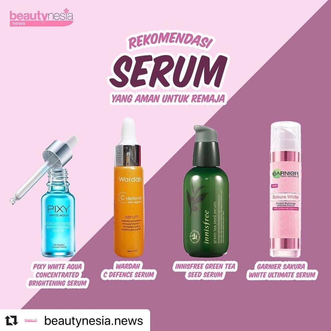 Beauty | Health | Fashionさんのインスタグラム写真 - (Beauty | Health | FashionInstagram)「Supaya kulit tetap glowing dan sehat tentunya harus diimbangi dengan perawatan kulit wajah yang rutin. Apalagi kalau kamu masih remaja yang memiliki banyak aktivitas, harus extra perhatian nih dengan kulit wajah. Salah satunya dengan menggunakan serum yang berfungsi untuk menjaga kelembapan kulit, menutrsi kulit dan juga memperbaiki masalah kulit pada remaja. Tentunya serum yang digunakan aman dan cocok bagi kulit remaja.⁣⁣ ⁣⁣ Beautynesia News punya beberapa rekomendasinya nih buat kamu 😉⁣⁣ ⁣ ✨ Wardah C Defence Serum (17mL) -+ Rp 60.000⁣ ✨ Pixy White Aqua Concentrated Brightening Serum (18mL) -+ Rp 80.000⁣ ✨ Innisfree Green Tea Seed Serum (80mL) -+ Rp 230.000⁣ ✨ Garnier Sakura White Ultimate Serum (50mL) -+ Rp 80.000⁣ ⁣⁣ Ada yang udah pernah cobain ? komen yuk dibawah hihih ⁣⁣ -- ⁣⁣ #BeautynesiaNews #Beautynesia #SerumRemaja #SkincareRemaja #Glowing #GlowingSkin #RekomendasiSkinCare #Serumjerawat #Serummencerahkan #Serum  #rekomendasiserum #Infokecantikan #CantikAlami」7月21日 23時11分 - beautynesia.id