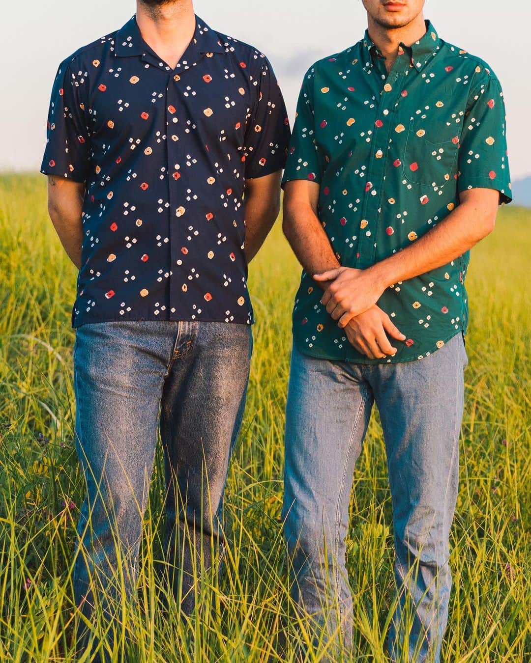 のインスタグラム：「Bandhandi cloth prints are characterized by a distinct plucked dot motif, a design style established as early as 4000 B.C. Our Bandhani print shirts are available in blue and green as well as camp and button down styles」