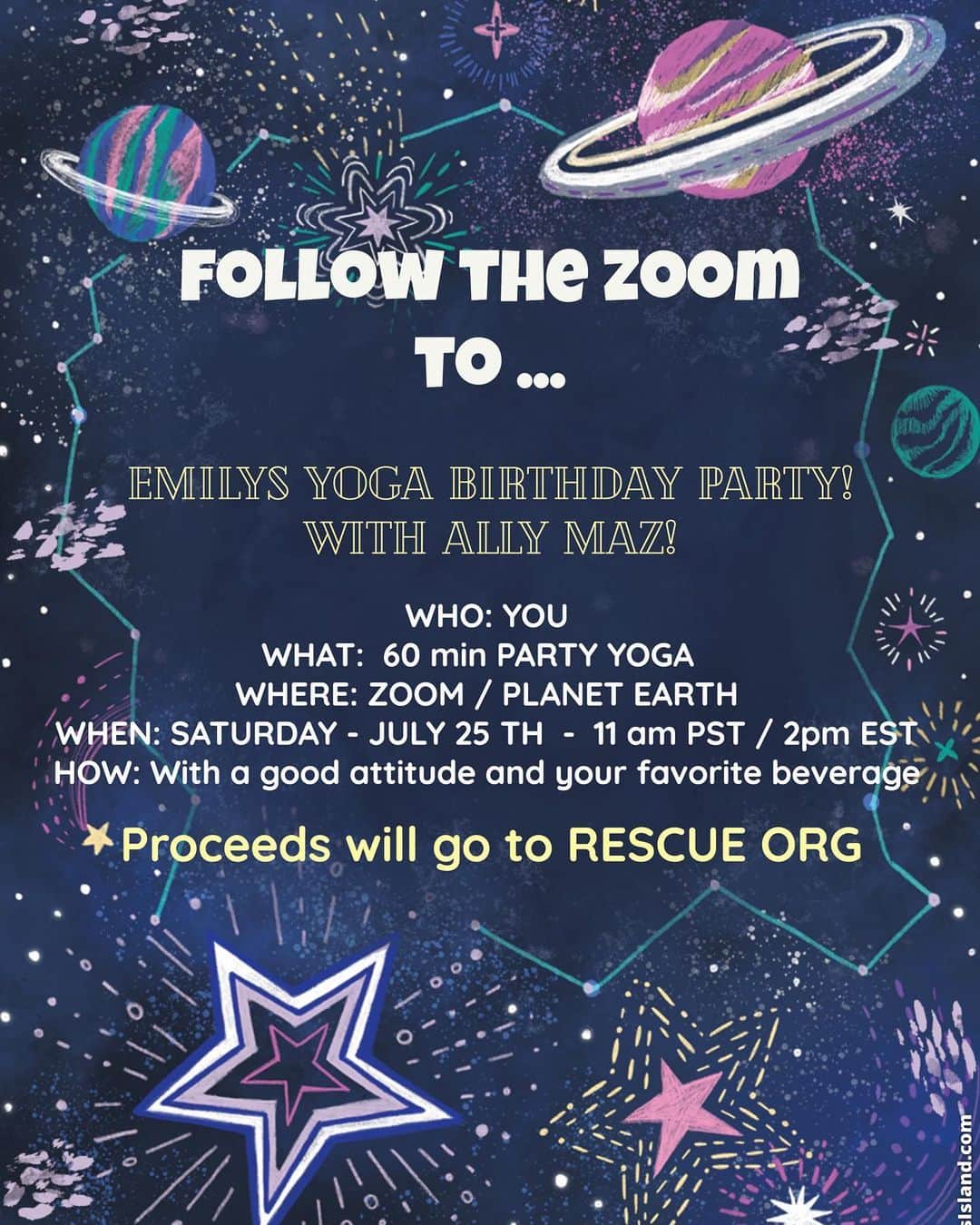 エミリー・ベット・リカーズのインスタグラム：「☀️💛🤩🎉 LETS PARTY 🎉 💃💛☀️ Saturday July 25th 11am PST/2pm EST - You’re Invited to my ZOOM BIRTHDAY for a 🧘‍♀️ YOGA PARTY 🎊 with the one THE ONLY  @allymaz 😍 Where all proceeds will go to THE INTERNATIONAL RESCUE COMMITTEE @rescueorg - we will get limber, cheers and help the world together! Be there or be there xo link in bio」