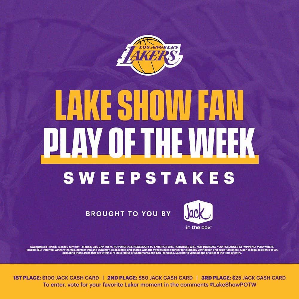 Los Angeles Lakersさんのインスタグラム写真 - (Los Angeles LakersInstagram)「Hungry for some free Jack in the Box? Then enter the Lakers Fan Picked Play Of The Week Sweepstakes Presented By @jackinthebox. To enter for a chance to win a JACK CA$H® card, use #LakeShowPOTW and let us know which of these plays is your favorite. Official rules in bio.」7月22日 2時00分 - lakers