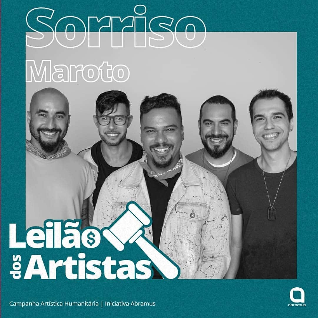 Sorriso Marotoのインスタグラム：「Turma, sabemos que todos estamos passando por momentos difíceis. Mas uns mais que outros. E pra ajudar a galera que trabalha nos eventos e que está sem previsão ainda de retomada ao trabalho, estamos participando da Campanha Artística Humanitária, desenvolvida pela @abramusartes. Cada um de vocês, dentro da realidade que vivem, pode ajudar um pouquinho. Seja doando qualquer quantia ou dando lances no leilão que está rolando com ítens pessoais cedidos por vários artistas! No nosso leilão você pode arrematar um kit com roupas e acessórios usados por nós em DVDs e shows! Massa, né?  Todo o valor será convertido em cestas básicas e distribuídos para as equipes que fazem os shows acontecer, como bilheteiros, músicos, técnicos, camareiras, iluminadores, seguranças, etc. Bora ajudar! Acesse já https://d.brbid.com/abramus e  participe! #LeilãoDosArtistas @bcbrunocardoso @eusergiojr @crisjog @vinisorriso @frd.silva #sorrisomaroto」