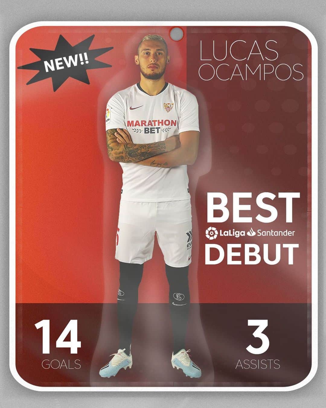 LFPさんのインスタグラム写真 - (LFPInstagram)「What a debut season, @lucasocampos11! ❤️🔝  🌟1️⃣4️⃣⚽️ & 3️⃣🎁🌟  ¡Qué debut, #Ocampos! 🇦🇷💥  #LaLiga #LaLigaSantander #SevillaFC #Football #Goals #Assists」7月22日 4時57分 - laliga