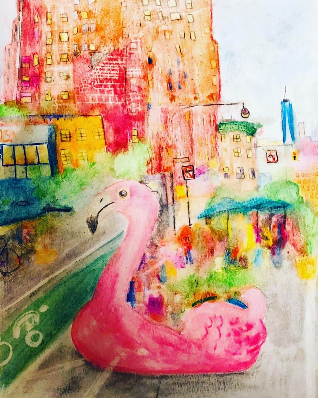 リンジー・クラフトのインスタグラム：「“this ones called floaty in the city” 🦩 #thisonescalled #watercolorpencils #newyorkcity #hashtagmybutt 🍑」