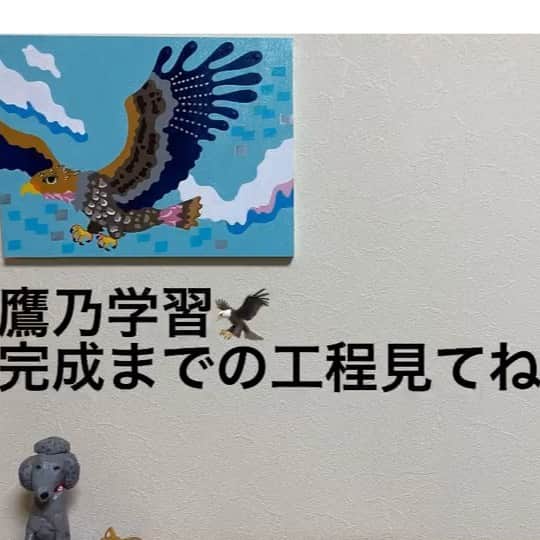 のインスタグラム：「春に生まれ飛ぶことを覚え大空へ。その後、鷹は群れずに独りで生きていくそう。  たかすなわちわざをならう。  完成までの工程見てね😊  二十四節気七十二候で 小暑　鷹乃学習🦅  「春に生まれた鷹のヒナが巣立ちのために飛び方を覚える」  ラフは10パターンぐらい考えたかな。 パネルにジェッソで下地を塗りメインはアクリルガッシュ。 一部にペンタイプのアクリルガッシュ、水彩色鉛筆、モデリングペーストで盛り上げた部分もあります。若いから怖いもの無し、風を切って自信満々に飛ぶ姿を現したかったので、羽の動き、そして鷹らしい爪にこだわりました😊 キラキラした未来へという意味で、空の部分は透明感のあるラメを重ね塗り。  ぎゅっとその手で未来を掴め🦅😆  This is process of my artwork 😊  制作年:2020年 サイズ:F4 332×242mm  #japaneseartist #liveintokyo #myartwork #acrylicpainting #art #artoftheday #happyart #loveart #lovejapan #artposts #acrylic #artlovers #colorfulworld #artstagram #paintlover #lovetheworld #二十四節気七十二候 #鷹乃学習 #和の暦」