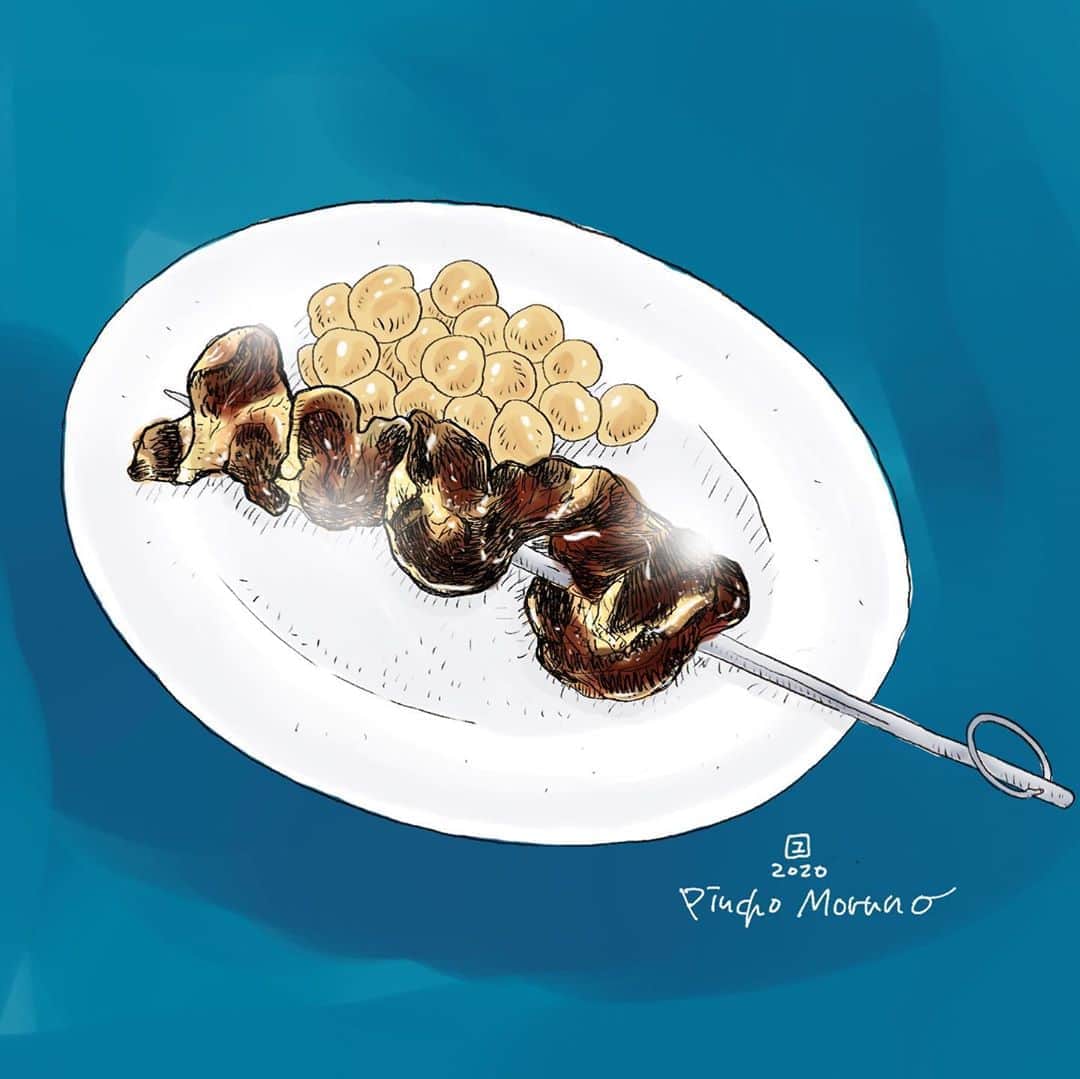 カワハラユキコのインスタグラム：「【ピンチョ・モルーノ(豚肉のモロッコ風串焼き)／Pincho moruno】 🇪🇸 最近は「おいしい日本のスペイン料理屋さん」を隙あらば探してる日々なのですが、ご近所でいいバル見つけた！ ・ 新高円寺の「スペインバルGAUCHO」。ここ、すごくいい意味で「スペインの普通のバルの味」。丁寧だけど気取らず、ちゃんと現地の味が楽しめる。しかも、ヒルダとかバスク系ピンチョスもあるのが嬉しーい！ ・ そこで久々に食べたのがピンチョ・モルーノ。これ、スペインバルのド定番のひとつなんだけど、実は普通イメージするスペインぽくはない味。アフリカ大陸が近いスペインらしく、イスラム文化の影響を受けた、クミンなどのスパイスが効いた串焼きなのです。私これ好物なんだけど、ひよこ豆の煮込みがついてるところがまた嬉し。 ・ スペインに住んでたくせにスペイン料理に食いつき悪い息子が珍しく「また行こっか」と言ってました。こんど行ったときはパエリア食べよーっと！ (イラストは、青いカウンターがなんだかよかったのでバックも青く塗っちゃった) 🇪🇸 I found a good Spanish bar in the neighborhood of my house.  That is "Bar GAUCHO" at Shinkoenji.  I remembered Bars in Spain! 🇪🇸 #スペイン  #ピンチョモルーノ  #串焼き #スペイン料理  #スペインバル #スペイン旅行  #スペイン語  #旅ごはん #食べ物イラスト  #食べ物グラム #spain #pinchomoruno #高円寺 #新高円寺グルメ 🇪🇸 私のヘタレ英語が間違ってるときも教えてくださいませ🙇」