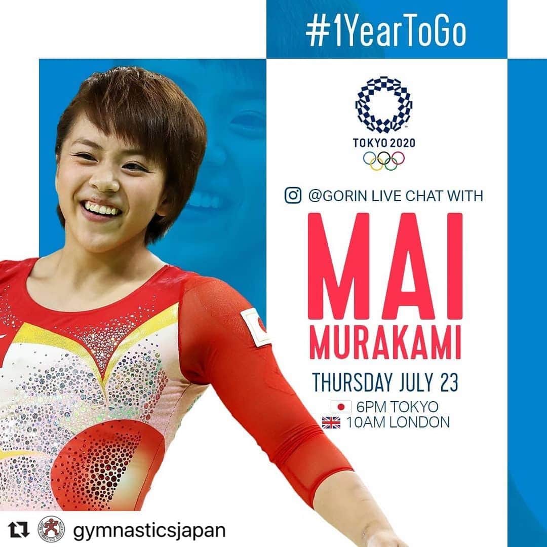 日本オリンピック委員会さんのインスタグラム写真 - (日本オリンピック委員会Instagram)「#Repost @gymnasticsjapan with @make_repost ・・・ 東京2020へあと1年。@gorin InstagramでのオリンピックLIVEに一緒に参加してください!! ◆2020年7月23日 村上茉愛18時～、内村航平19時～ * One year to go for @tokyo2020 ! Tune in to @gorin for live chat with @mai___murakami at 6PM and @kohei198913 at 7PM this Thursday! * @figymnastics #1YearToGo #StrongerTogether #村上茉愛 #内村航平 #murakamimai #uchimurakohei #tokyo2020」7月22日 12時51分 - teamjapanjoc