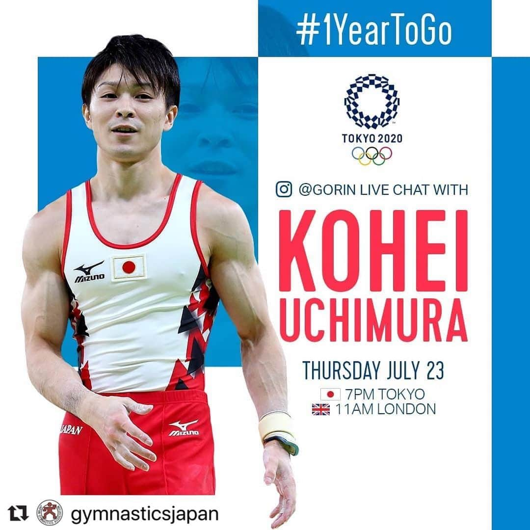 日本オリンピック委員会さんのインスタグラム写真 - (日本オリンピック委員会Instagram)「#Repost @gymnasticsjapan with @make_repost ・・・ 東京2020へあと1年。@gorin InstagramでのオリンピックLIVEに一緒に参加してください!! ◆2020年7月23日 村上茉愛18時～、内村航平19時～ * One year to go for @tokyo2020 ! Tune in to @gorin for live chat with @mai___murakami at 6PM and @kohei198913 at 7PM this Thursday! * @figymnastics #1YearToGo #StrongerTogether #村上茉愛 #内村航平 #murakamimai #uchimurakohei #tokyo2020」7月22日 12時51分 - teamjapanjoc