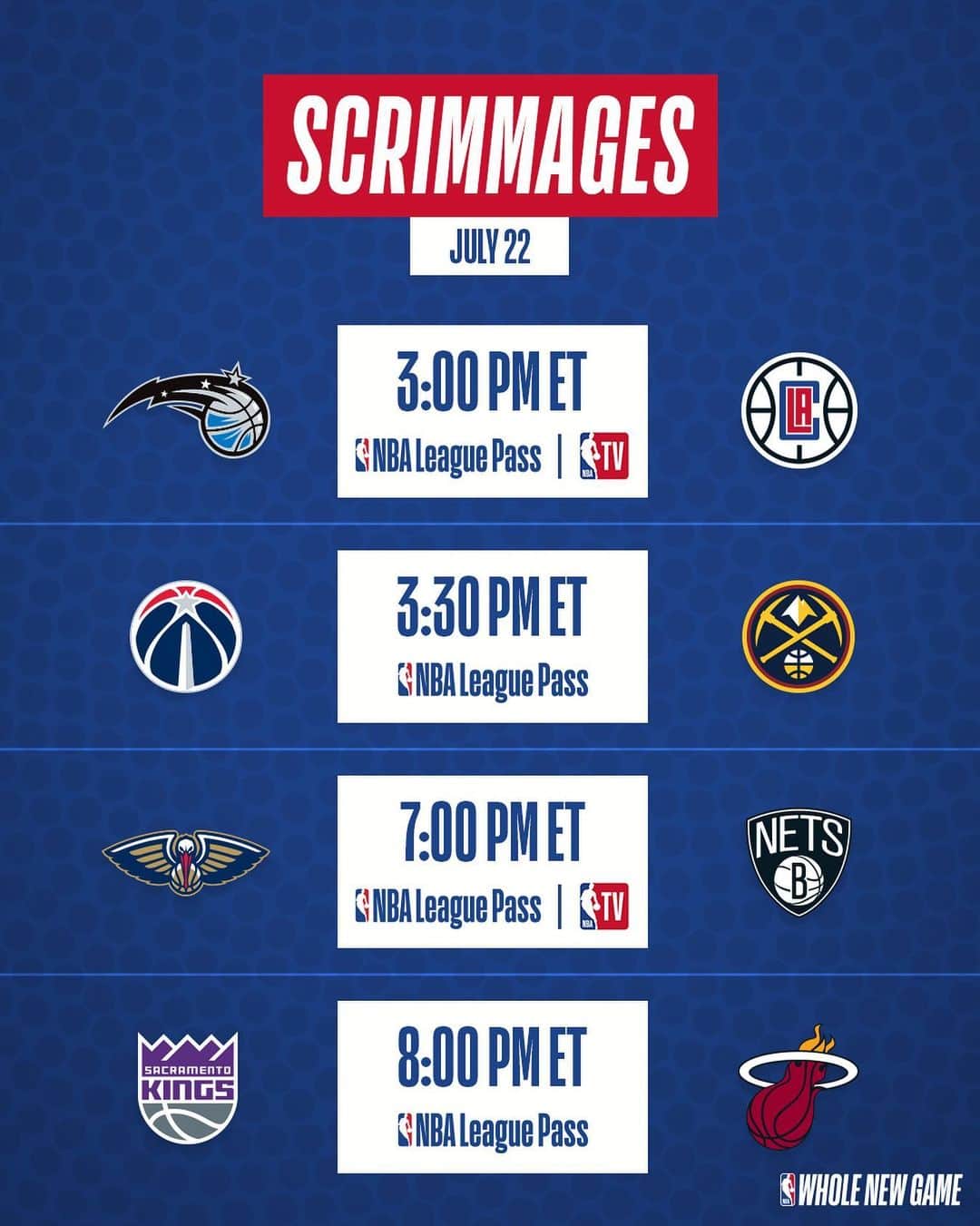 NBAさんのインスタグラム写真 - (NBAInstagram)「Today's Scrimmage Schedule!  Watch LIVE on NBA League Pass & @nbatv」7月22日 21時11分 - nba