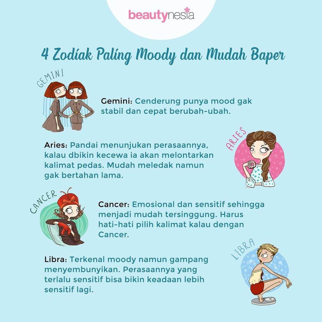 Beauty | Health | Fashionさんのインスタグラム写真 - (Beauty | Health | FashionInstagram)「Punya mood yang naik turun emang pasti dialami oleh semua orang ya, namun ternyata gak semuanya bisa mengendalikan mood dan perasaannya dengan baik lho. Nah, seseorang dengan mood yang gak stabil seperti ini biasanya disebut moody. Mudah terbawa perasaan, emosi kesal bahkan marah, namun mudah juga melupakan. Terutama 4 zodiak ini nih Beautynesian, terkenal dengan karakter paling moody dan mudah baper diantara zodiak lainnya.⁣ ⁣ Kamu termasuk juga gak nih ? Coba tag dong sahabat kamu yang kaya gini juga hihih 😁⁣ ⁣ #BeautynesiaID #Beautynesia #Zodiak #Zodiakhariini #zodiaksign #zodiakkamu #katazodiak #Baper #Moody #Perasaan」7月22日 22時04分 - beautynesia.id