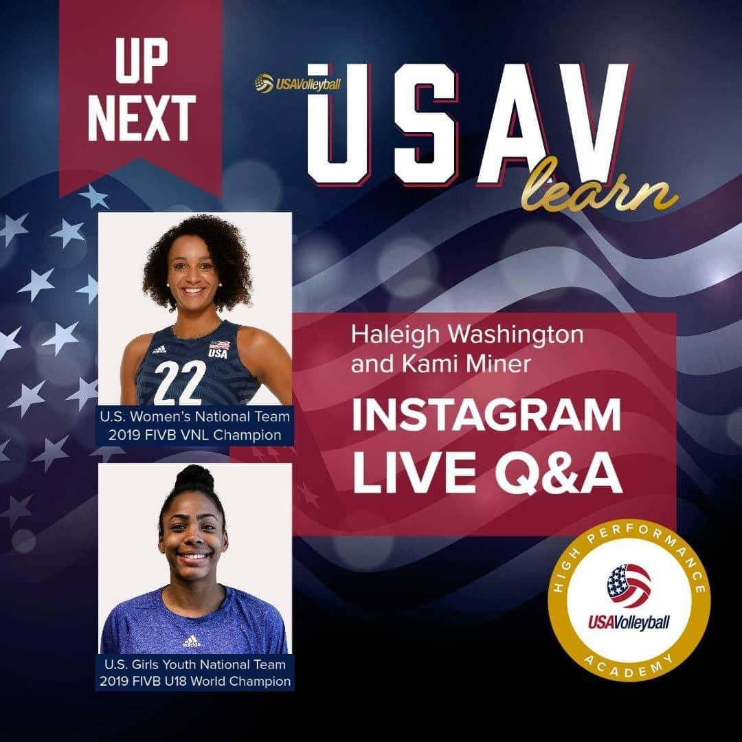 USA Volleyballさんのインスタグラム写真 - (USA VolleyballInstagram)「TOMORROW! Join Haleigh Washington and Kami Miner for a special Instagram Live Q&A right here at 3:30pm PT! U.S. Girls Youth National Team member @kami.miner will talk to @hales__storm about the High Performance Academy, how she's involved and what athletes are taking away from the program. #USAVhpa  It's not too late to sign up for the HP Academy, go to our Story to sign up or visit: go.usav.org/HPacademy」7月23日 3時00分 - usavolleyball