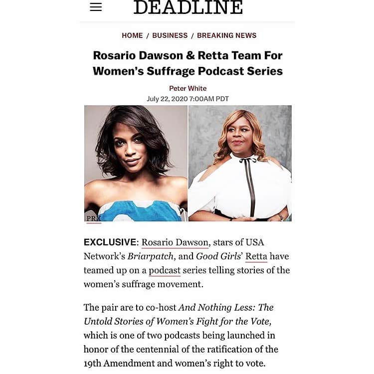 Rettaのインスタグラム：「“It’s a joy to bring the history of the women’s suffrage movement in America (and around the world) to life,” added Retta. “Especially with Rosario, who I’ve been a fan of and whose sense of civic duty I admire. U.S. women’s history is rich with iconic voices and perspectives, many of which I hadn’t even heard of until this project. It really sheds light on what it means to be a citizen, even today. I’m excited to be a part of it, and for listeners to tune in.” • It’s been 100 years since the ratification of the 19th Amendment! So in honor of the centennial anniversary of women’s right to vote I’m excited to announce that along with @rosariodawson, I am co-hosting And Nothing Less: The Untold Stories of Women’s Fight for the Vote. In this podcast we tell the story of the 7 decade fight for women’s right to vote along with guests including, historian Dr. Martha S. Johnson, journalist Elaine Weiss and Michelle Duster, great-granddaughter of Ida B. Wells. There are both fun and surprising nuggets sprinkled throughout the 7 episode series which launches August 5th.  We hope you’ll tune in!」