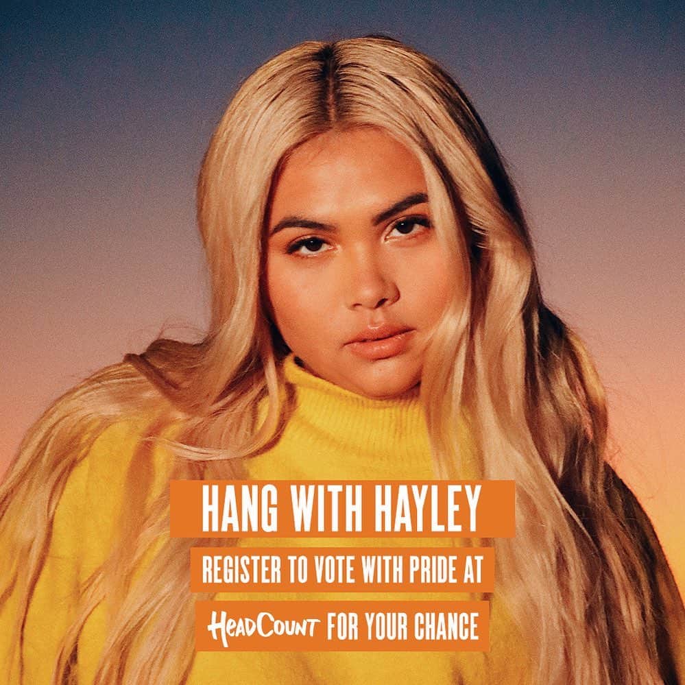 ヘイリー・キヨコのインスタグラム：「To say this year’s election is one of the most important events of our lifetime is an understatement.  We have the power to make our voices heard and truly unite for a better, hopeful future. Let’s be a part of the change! 💛I’ve teamed up with @headcountorg to help register voters. By registering to vote you will automatically be entered to win an IG LIVE chat with me this October. Text VOTER KIYOKO to 40649 to register to vote, check your status, and see who’s on your ballot.  #votewithpride 🤳🏼」