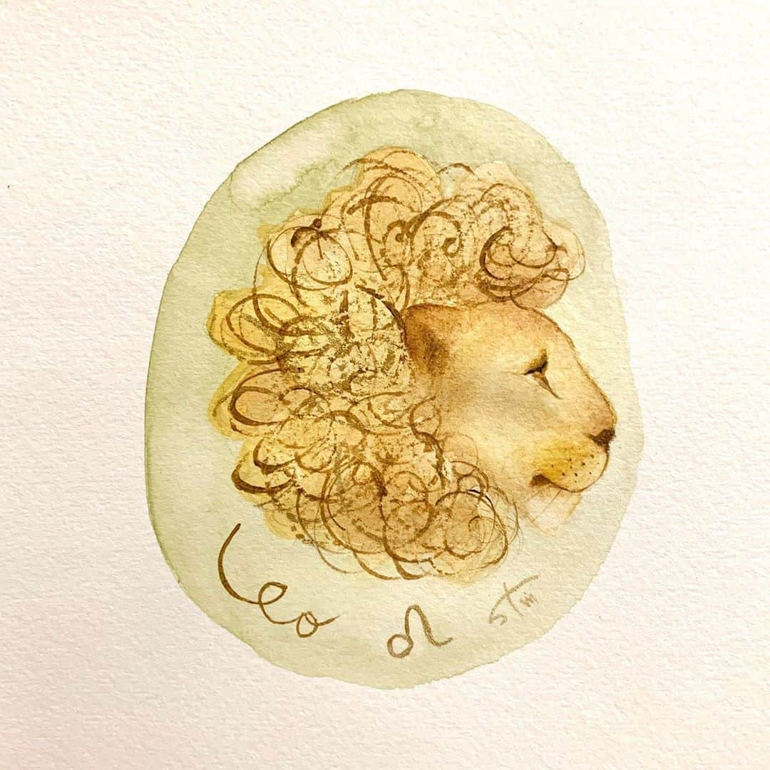 高杉さと美のインスタグラム：「今日も良い1日を♌︎🌿  #illustration #watercolor #♌️  #イラスト #イラストレーション #ライオン #獅子」